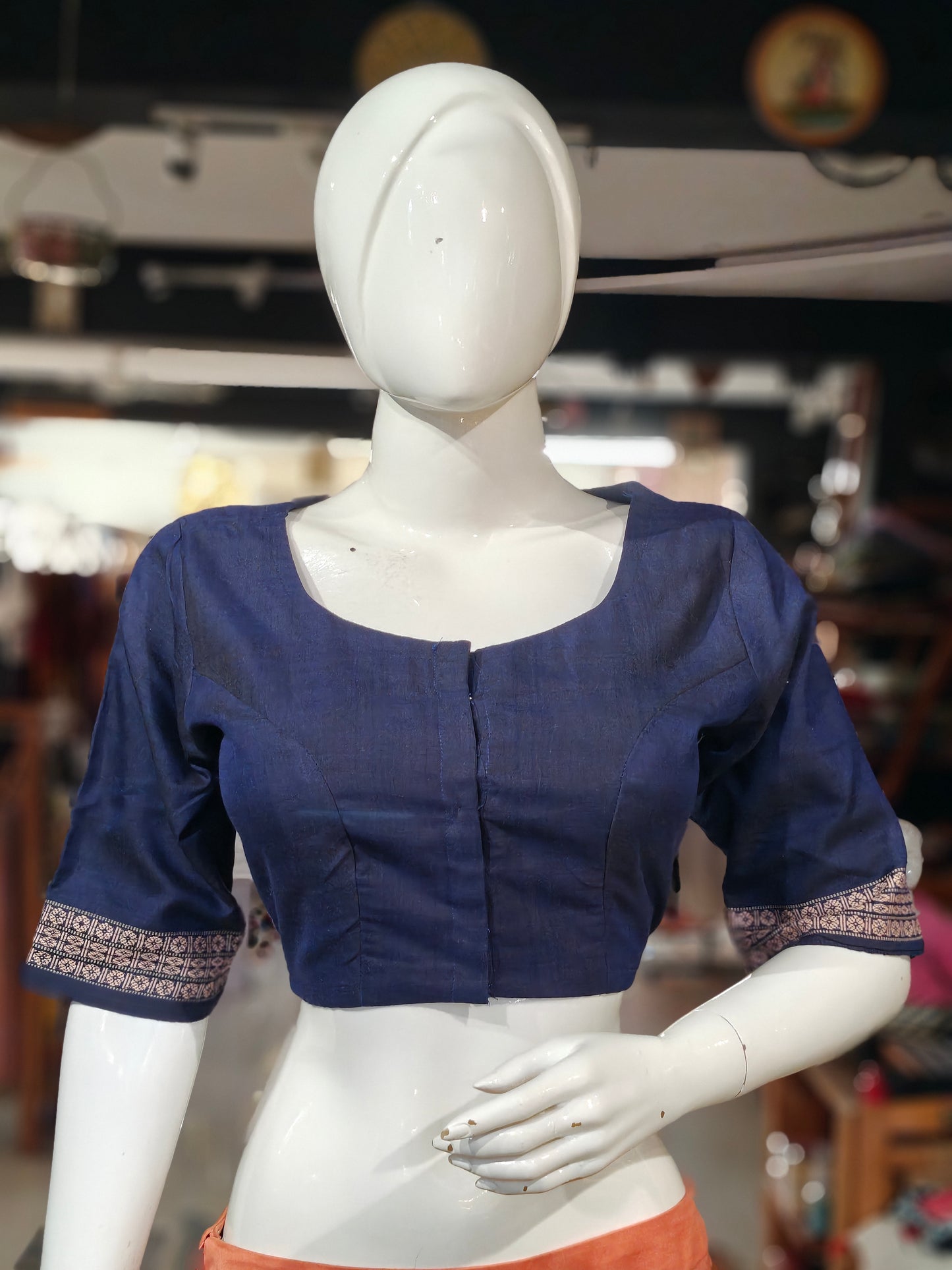 Handloom cotton elbow sleeves with borders blouse - Handpainted / Hand embroidered