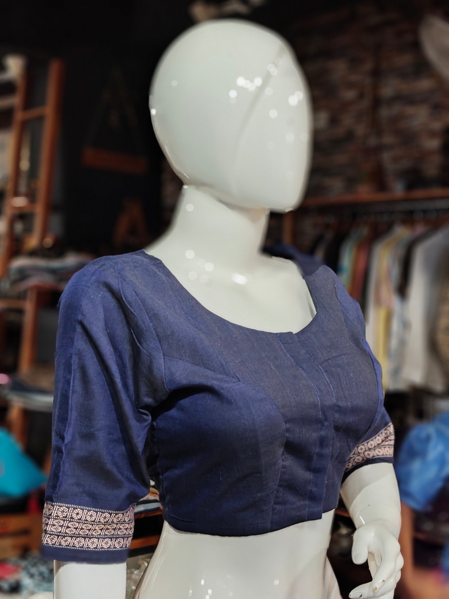 Handloom cotton elbow sleeves with borders blouse - Handpainted / Hand embroidered