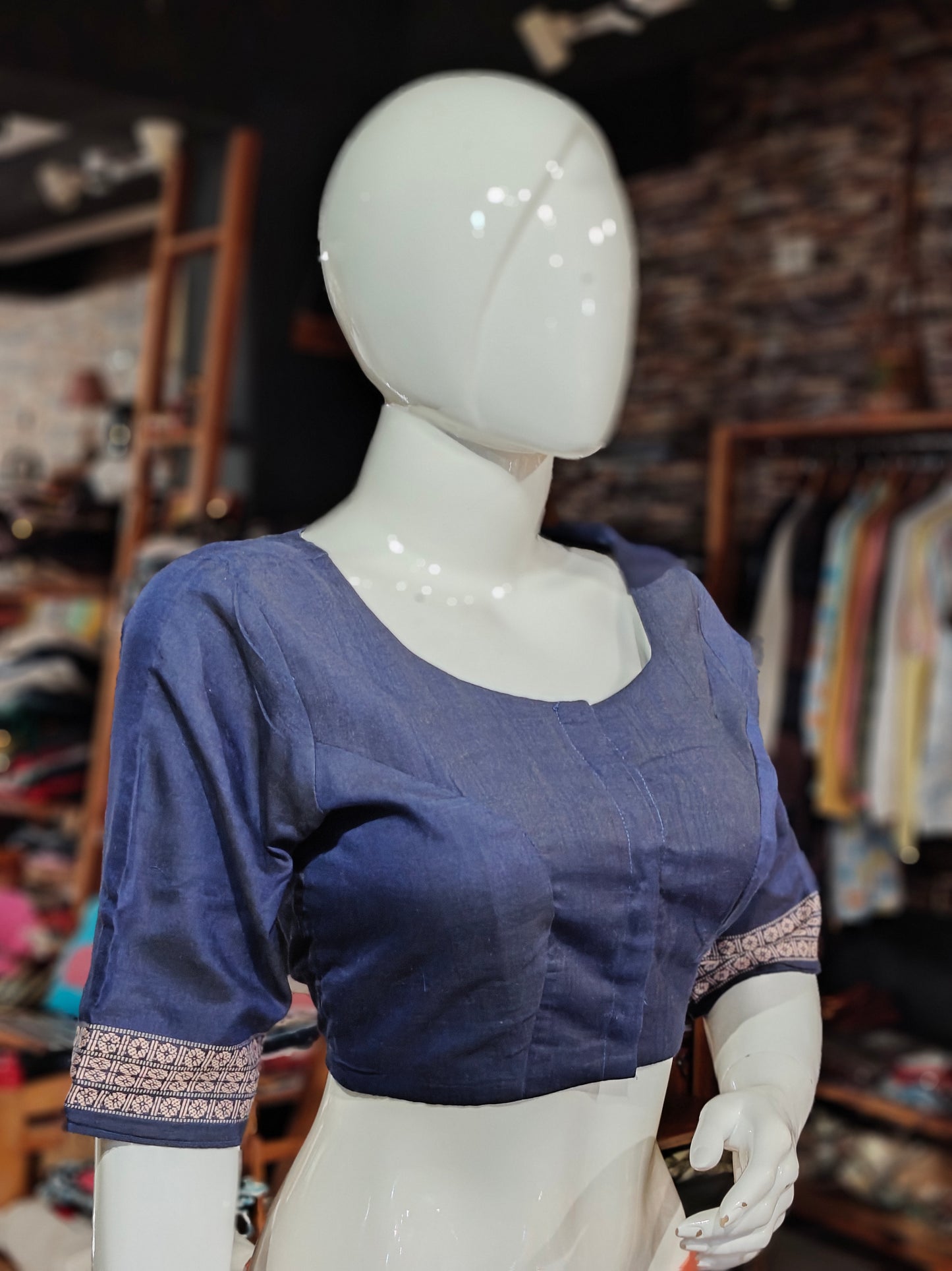 Handloom cotton elbow sleeves with borders blouse - Handpainted / Hand embroidered