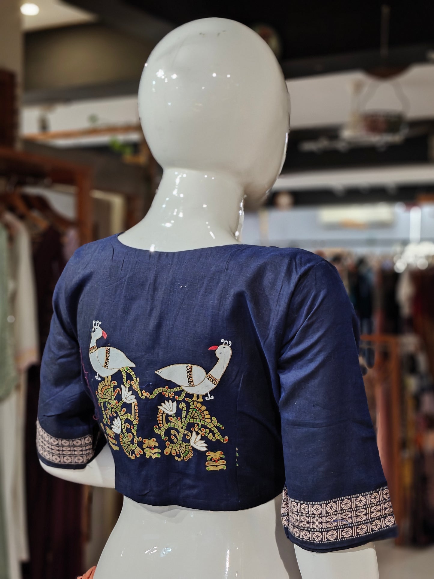 Handloom cotton elbow sleeves with borders blouse - Handpainted / Hand embroidered