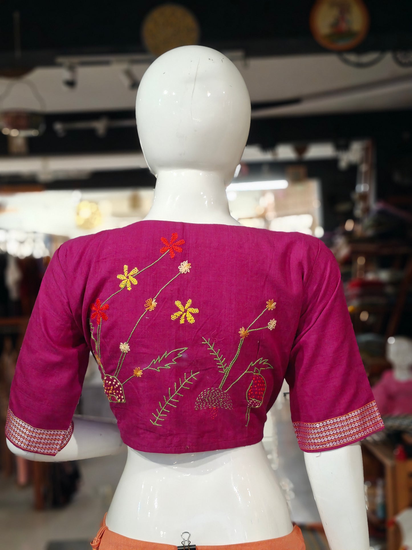 Handloom cotton elbow sleeves with borders blouse - Handpainted / Hand embroidered