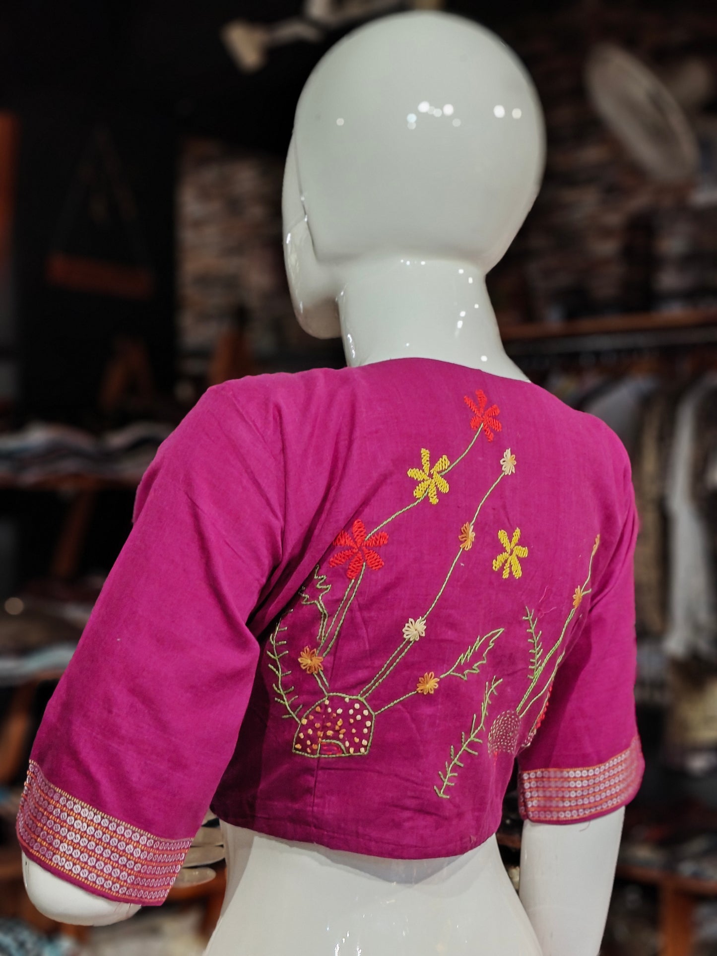 Handloom cotton elbow sleeves with borders blouse - Handpainted / Hand embroidered