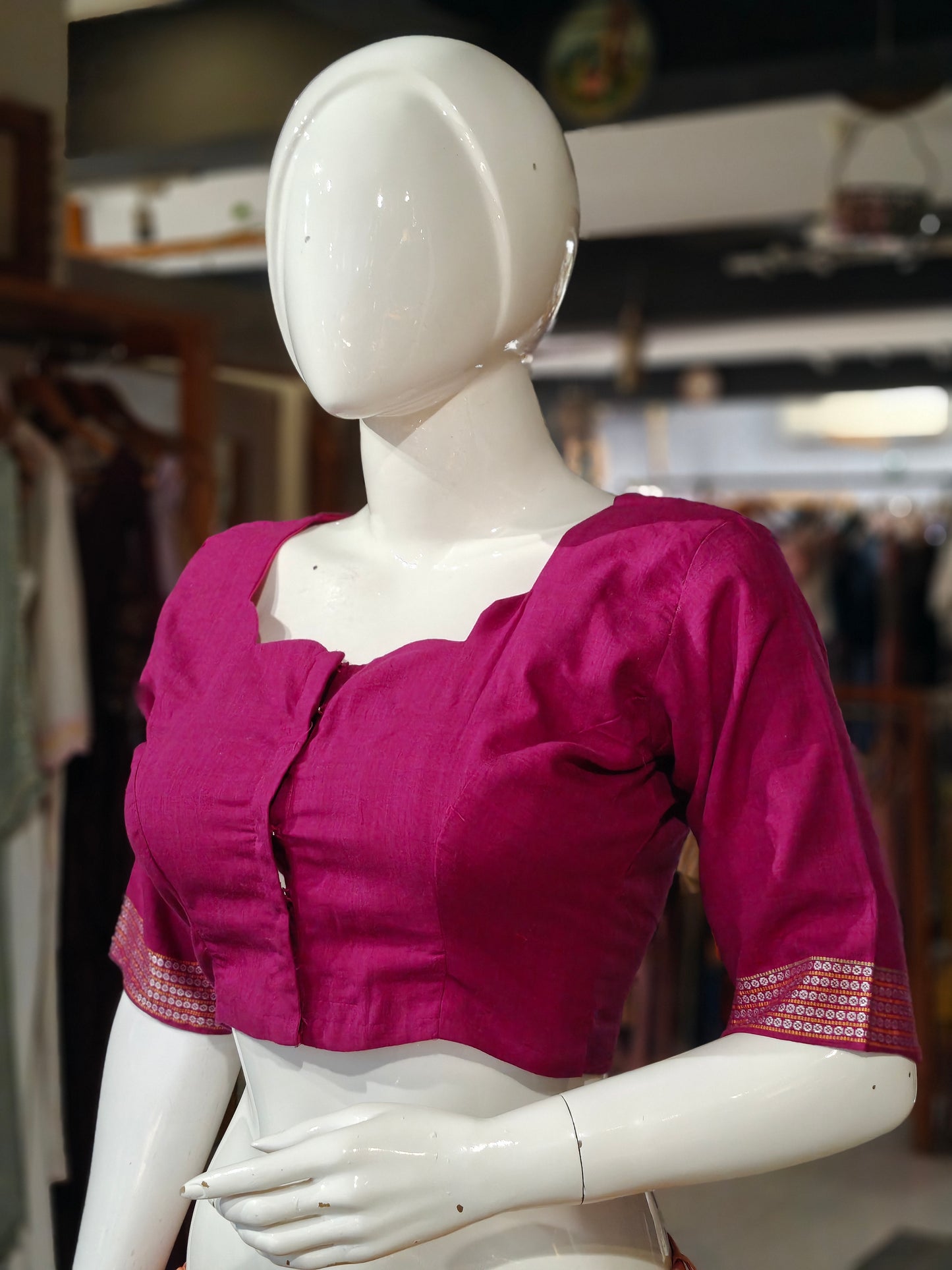 Handloom cotton elbow sleeves with borders blouse - Handpainted / Hand embroidered