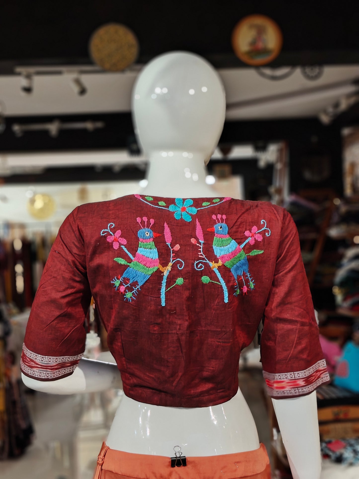 Handloom cotton elbow sleeves with borders blouse - Handpainted / Hand embroidered
