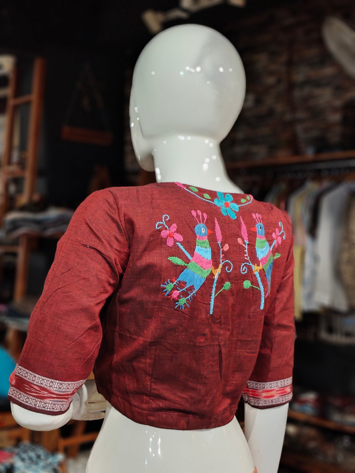 Handloom cotton elbow sleeves with borders blouse - Handpainted / Hand embroidered