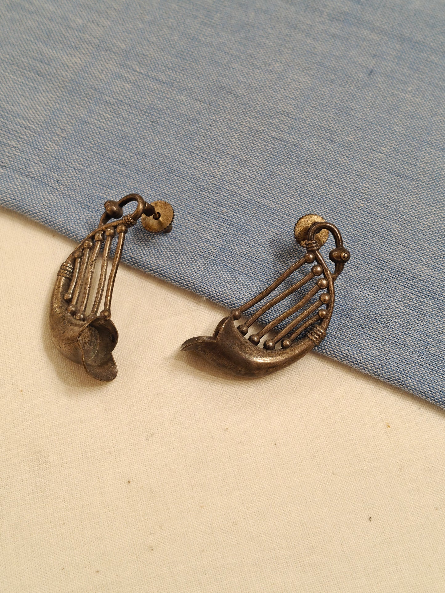 Musical instrument shaped oxidised silver ear studs