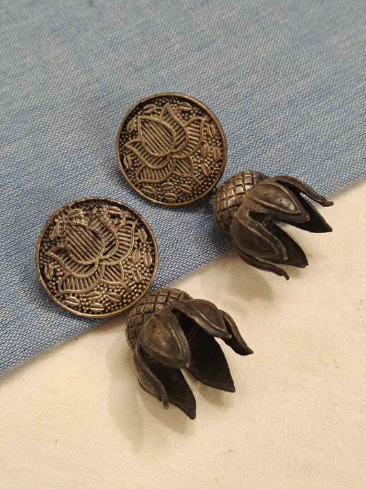 Blooming lotus drops oxidised silver ear rings