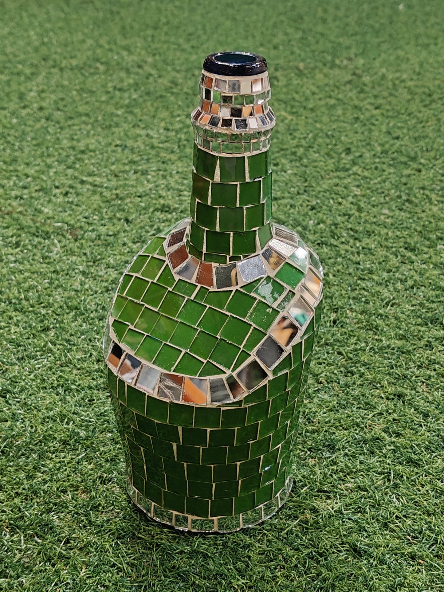 Glass bottle with green mosaic mirror work - Handcrafted decorative flower vase