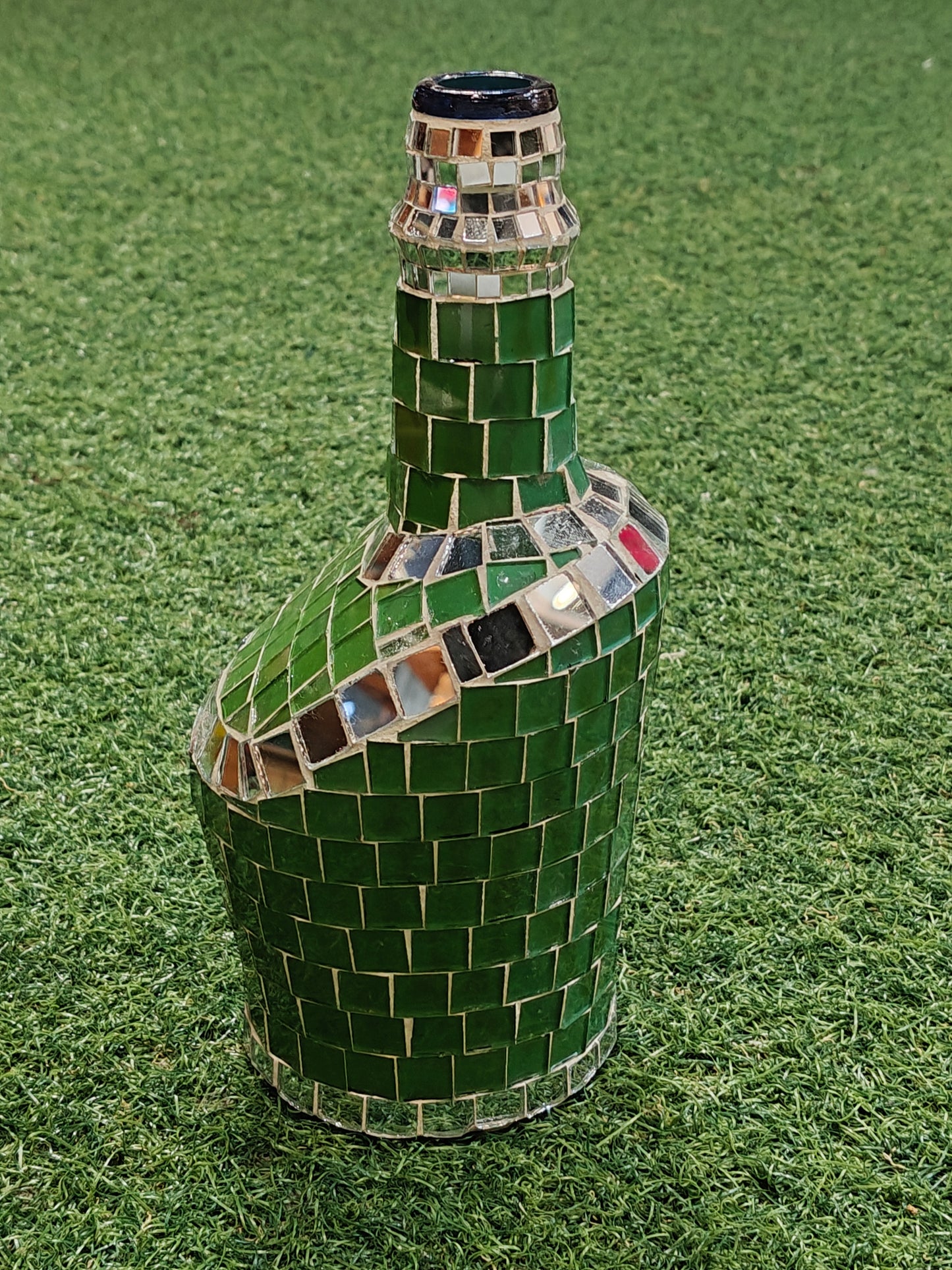 Glass bottle with green mosaic mirror work - Handcrafted decorative flower vase