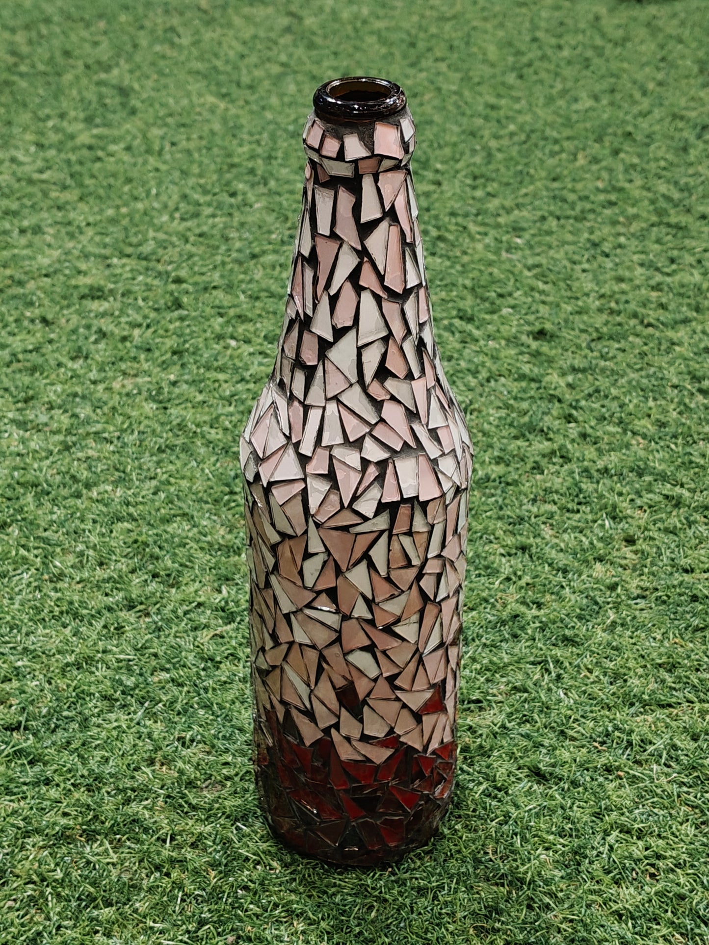 Red and pink mosaic mirror work on glass bottle - Handcrafted flower vase / decor