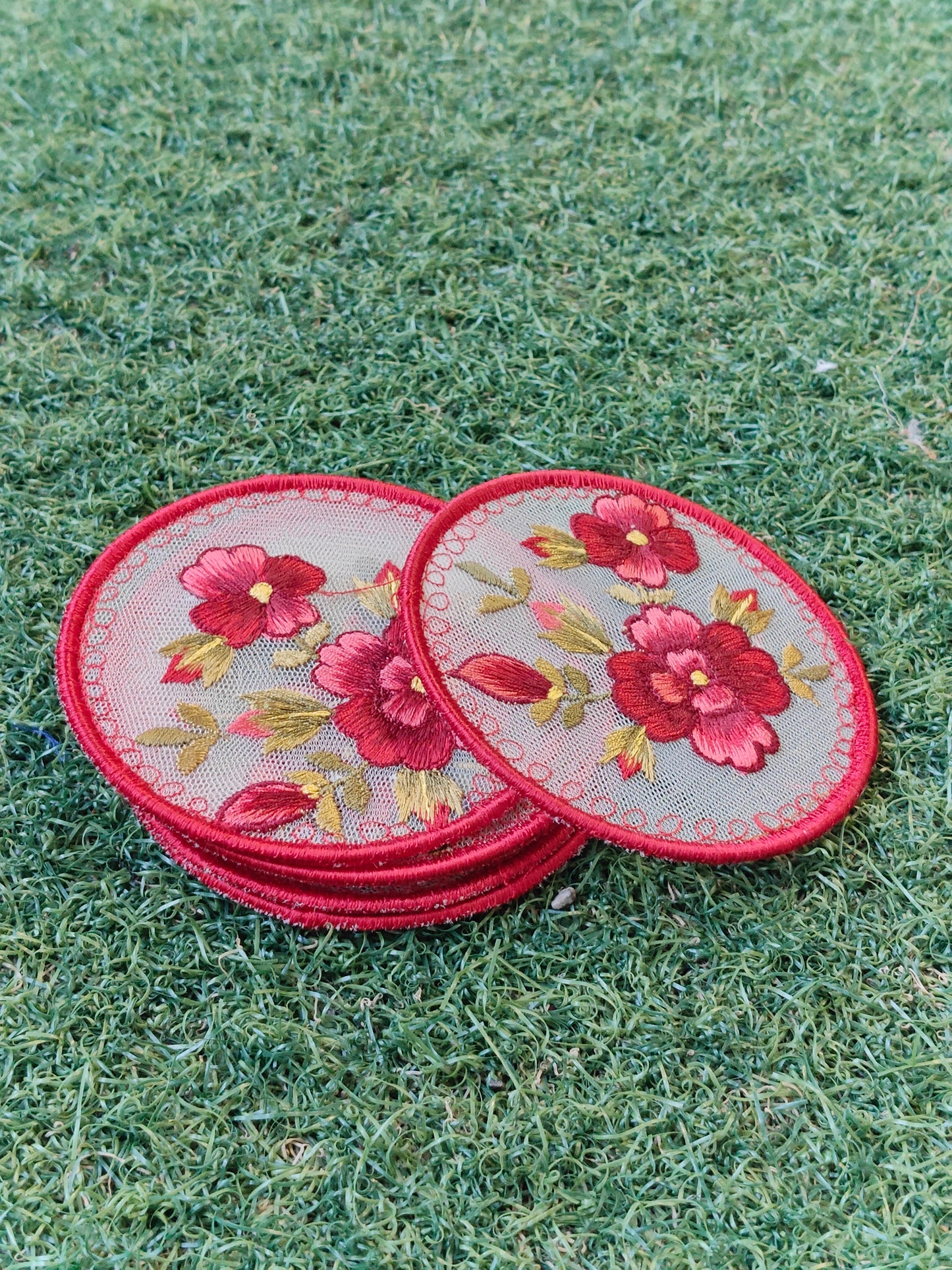 Flowers embroidered Handcrafted fabric coasters - 6 piece set
