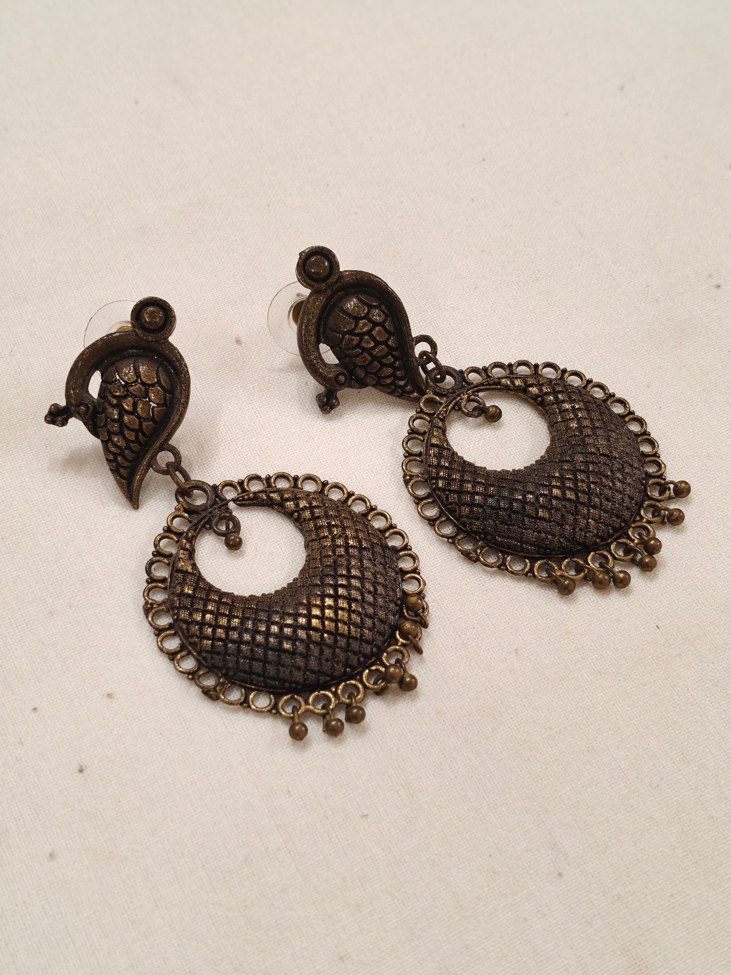 Bird chandbali silver oxidised earrings in antique gold look