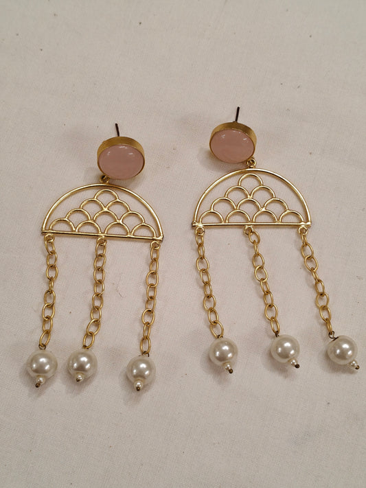 Umbrella shaped with baby pink stone and 3 pearl chain drops - earrings