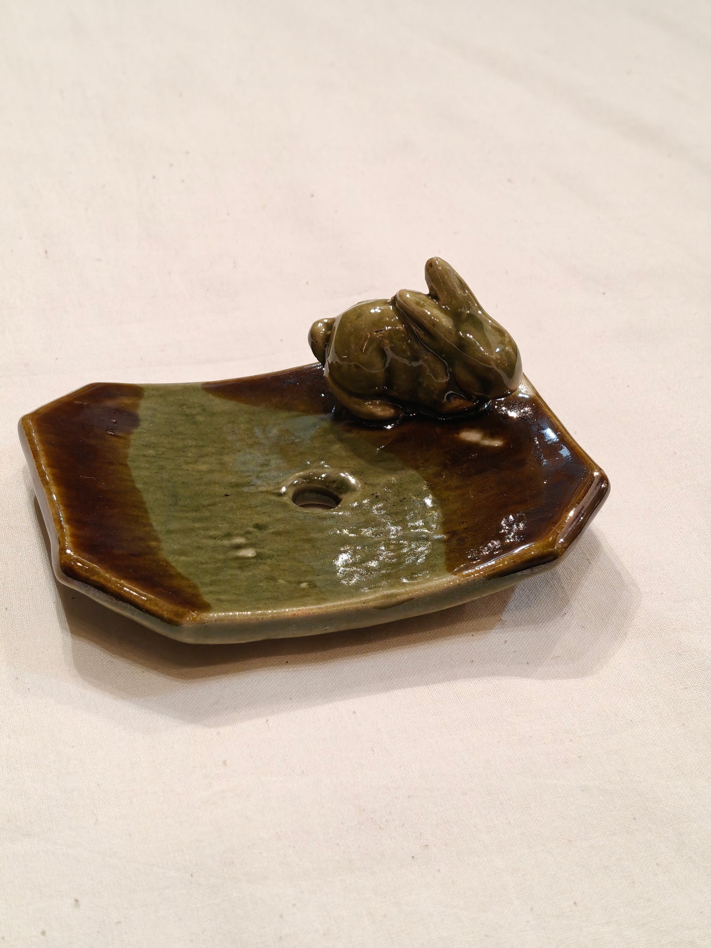Green and brown Ceramic Handcrafted with cute rabbit top soap dish