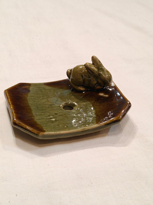 Green and brown Ceramic Handcrafted with cute rabbit top soap dish