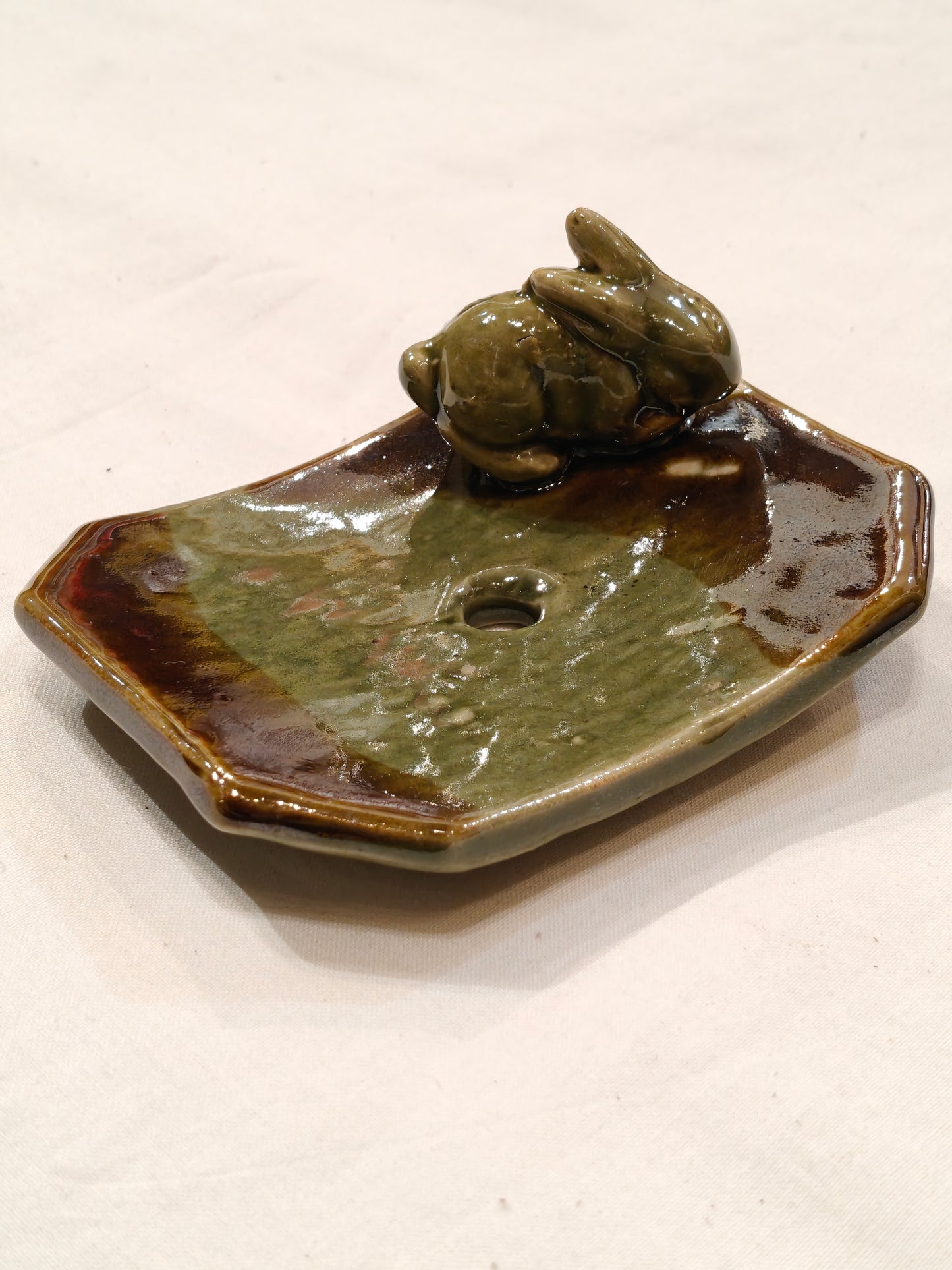 Green and brown Ceramic Handcrafted with cute rabbit top soap dish