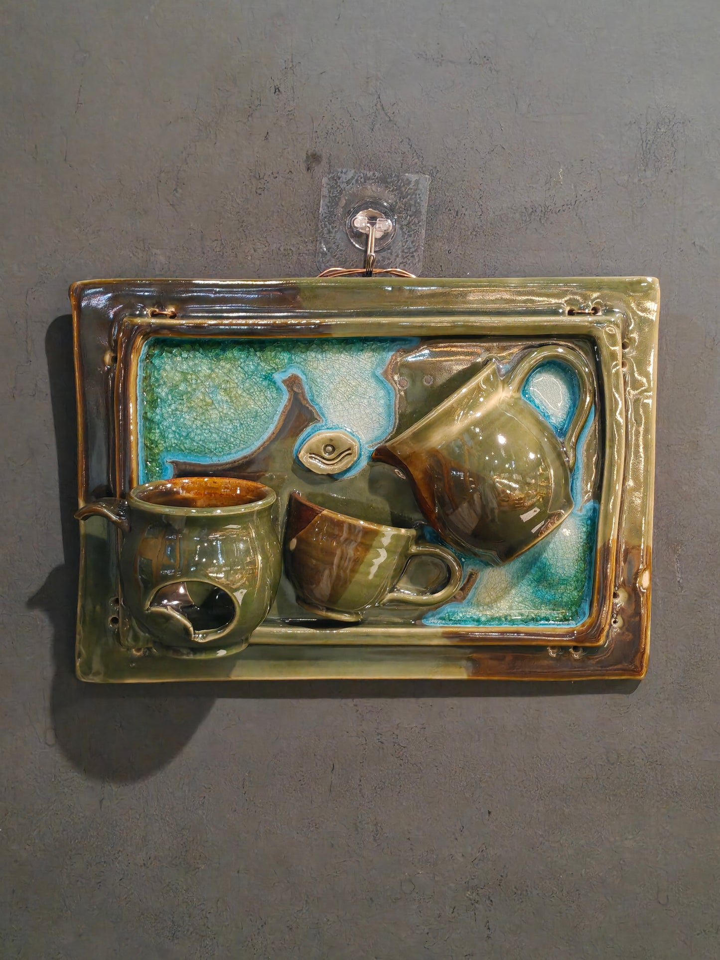 Blue green ceramic tea pot n cups wall panel / vase / organizer