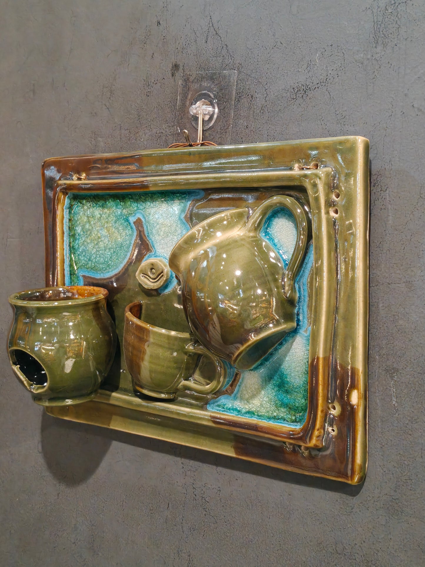 Blue green ceramic tea pot n cups wall panel / vase / organizer