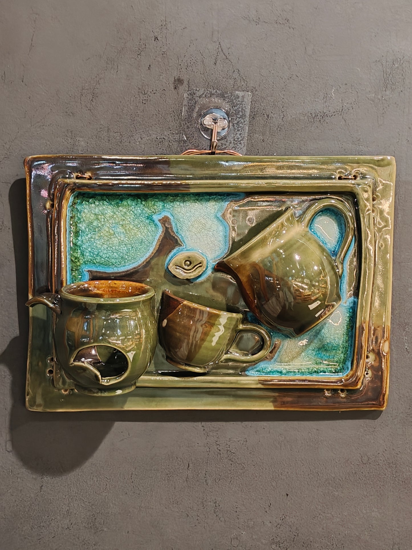 Blue green ceramic tea pot n cups wall panel / vase / organizer