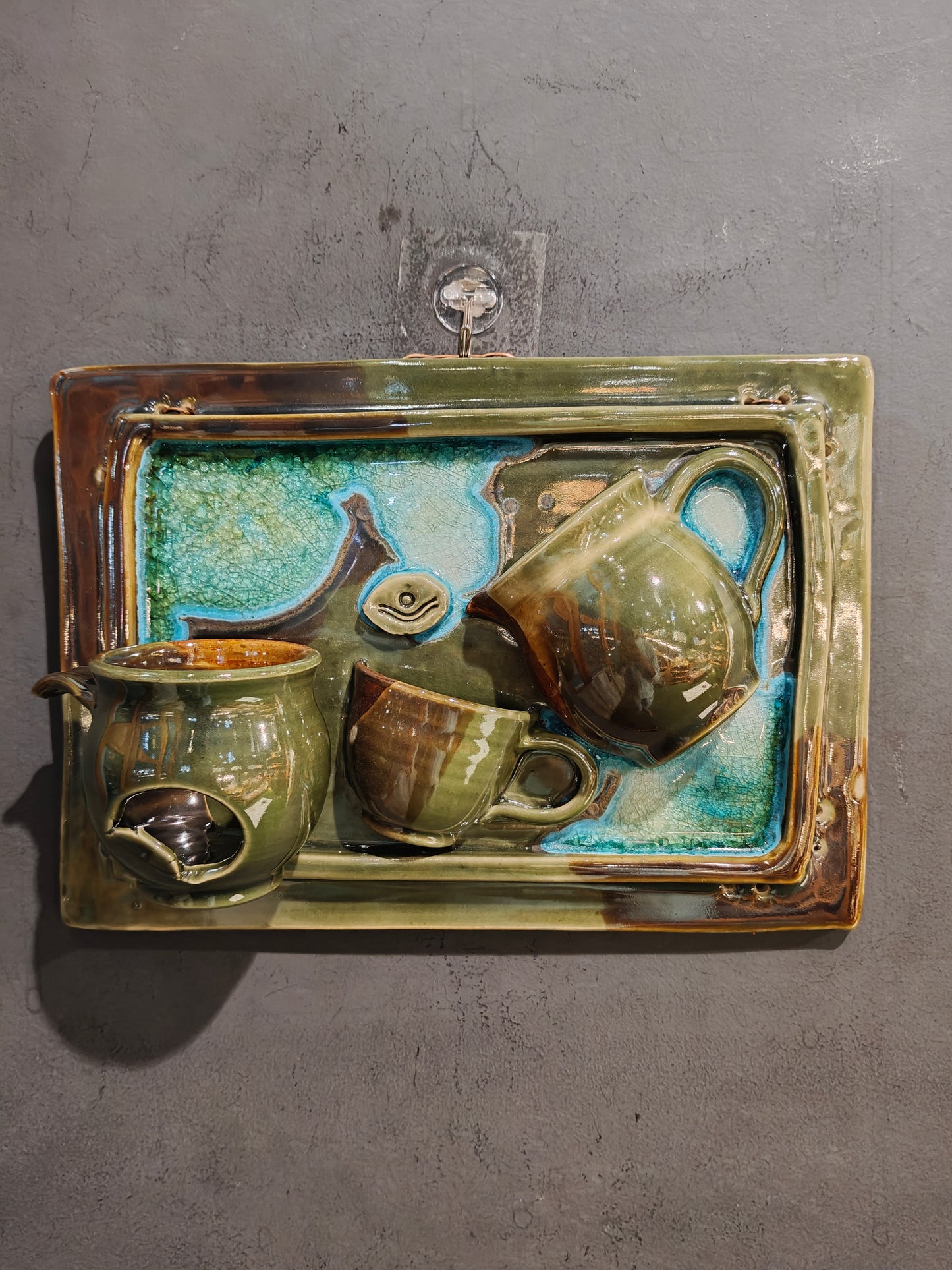 Blue green ceramic tea pot n cups wall panel / vase / organizer