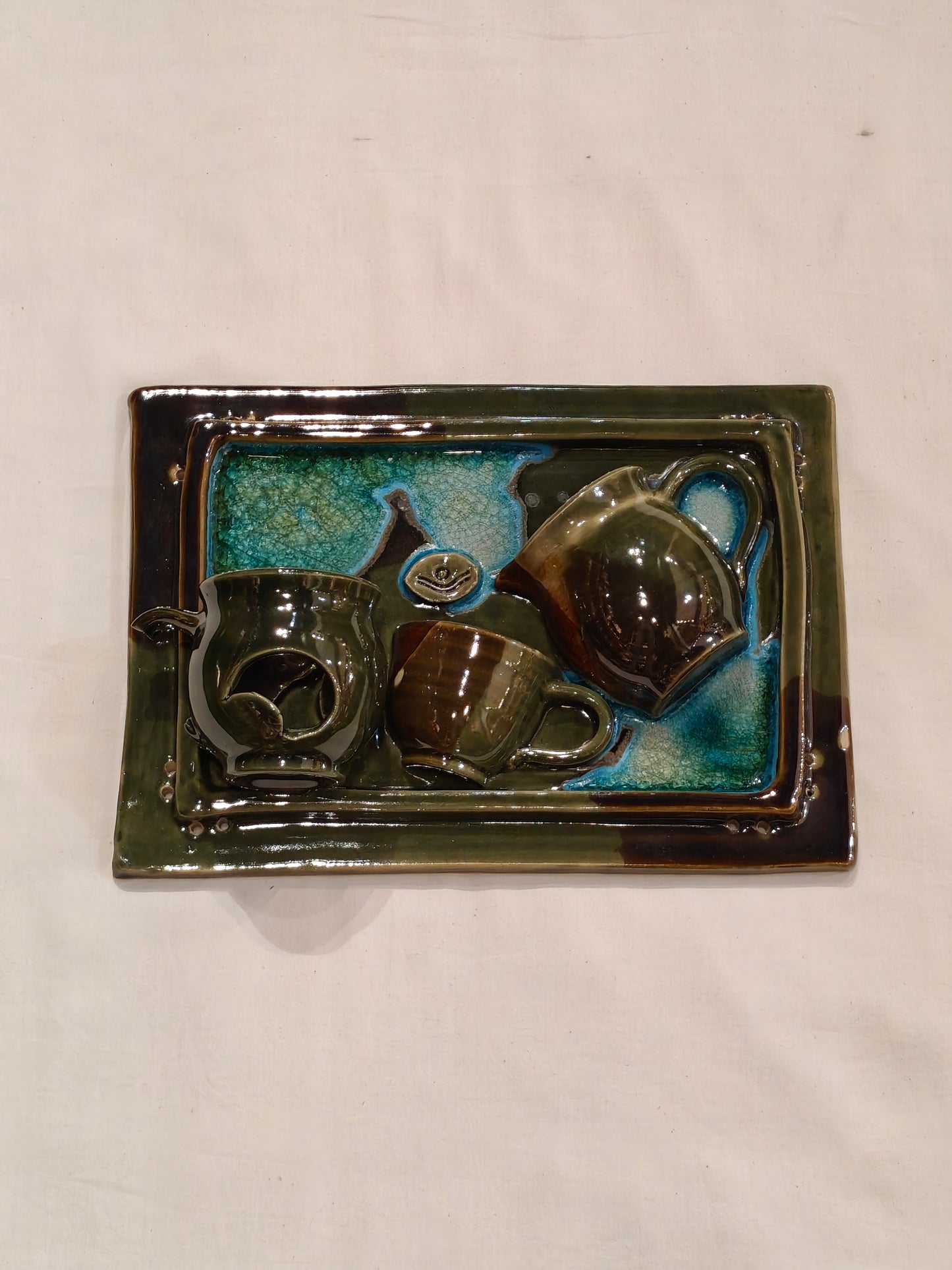 Blue green ceramic tea pot n cups wall panel / vase / organizer