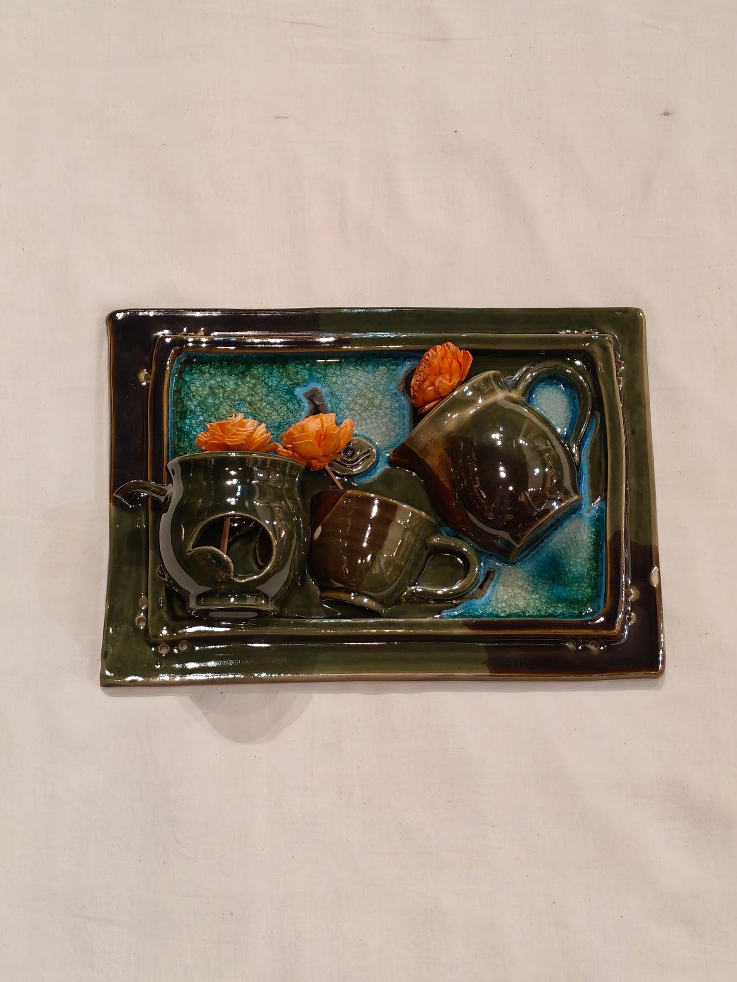 Blue green ceramic tea pot n cups wall panel / vase / organizer