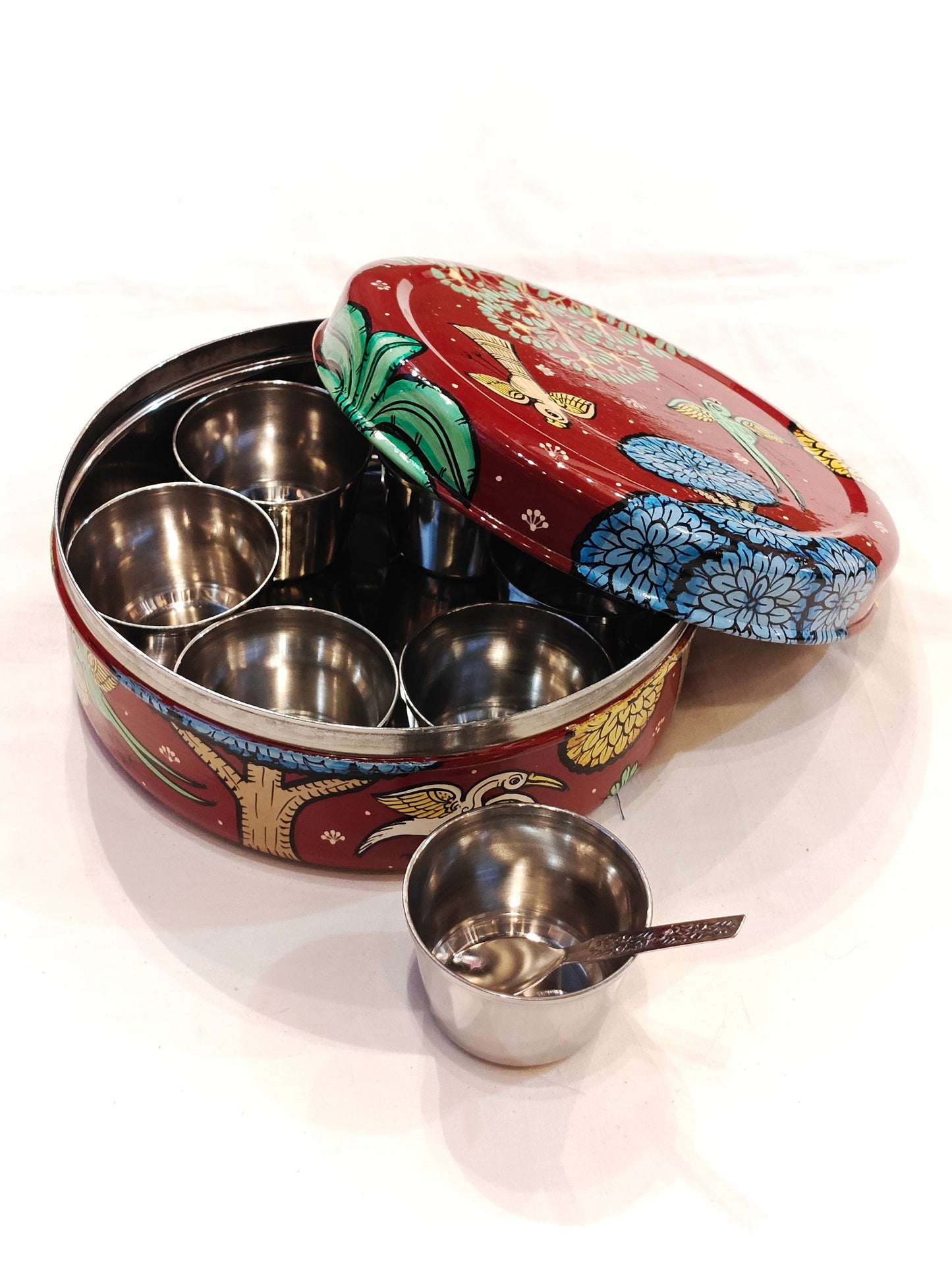 Vine red Handpainted forest theme spice box / organizer - 7 boxes with a spoon