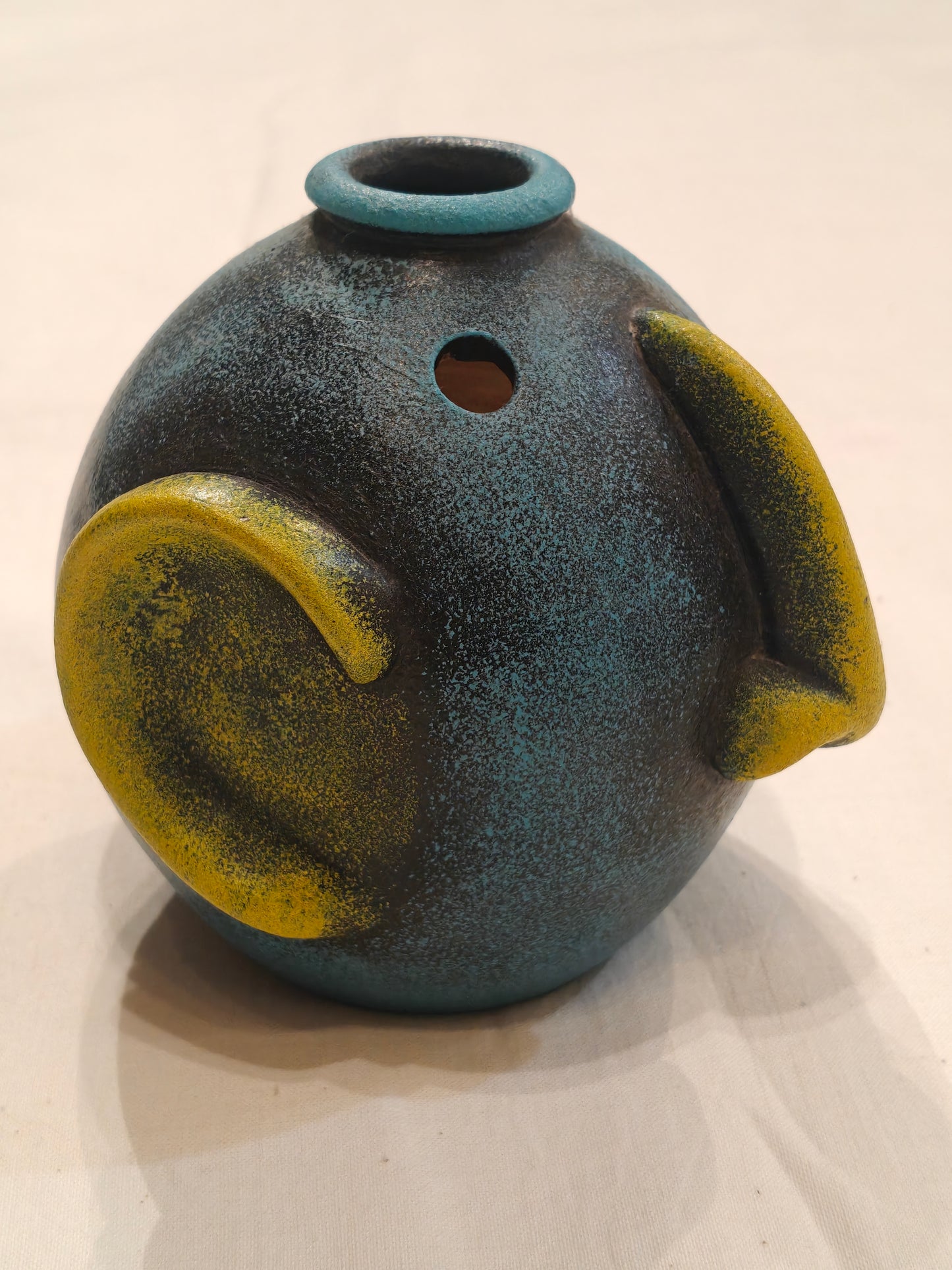 Blue and yellow Terracotta fun face flower vase / organizer