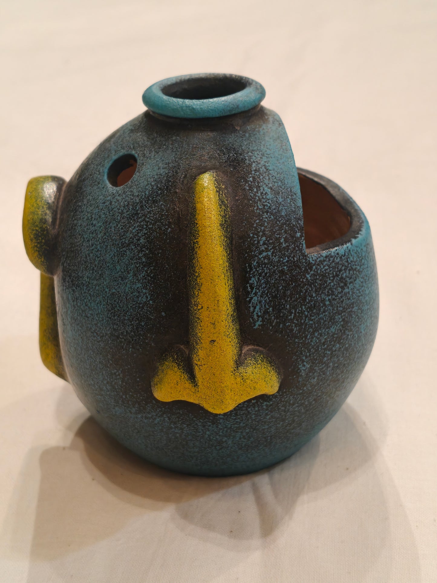 Blue and yellow Terracotta fun face flower vase / organizer