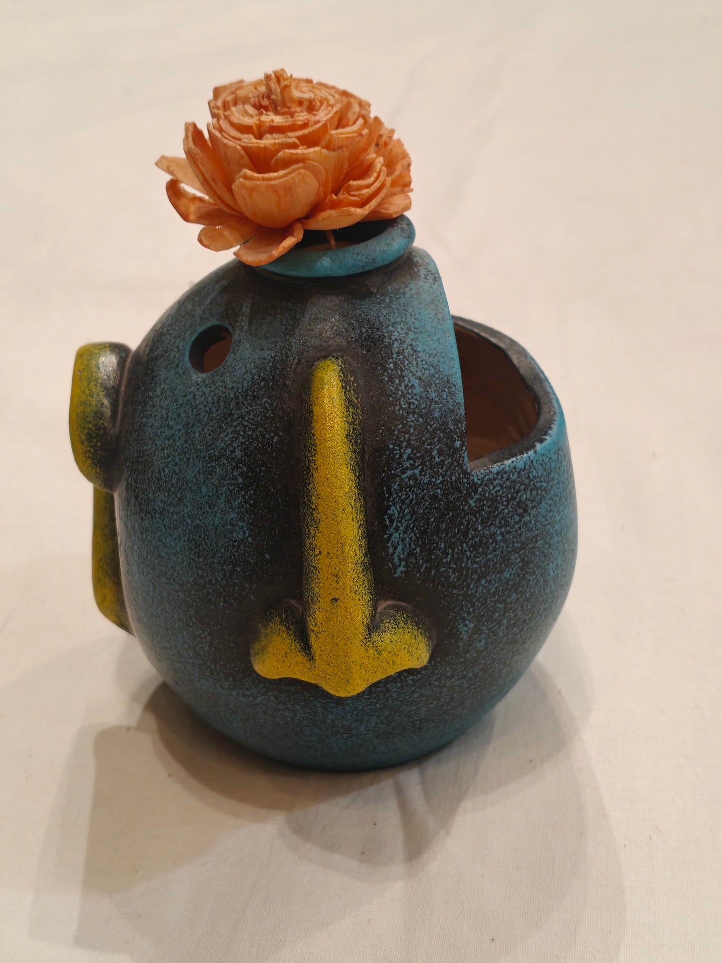 Blue and yellow Terracotta fun face flower vase / organizer