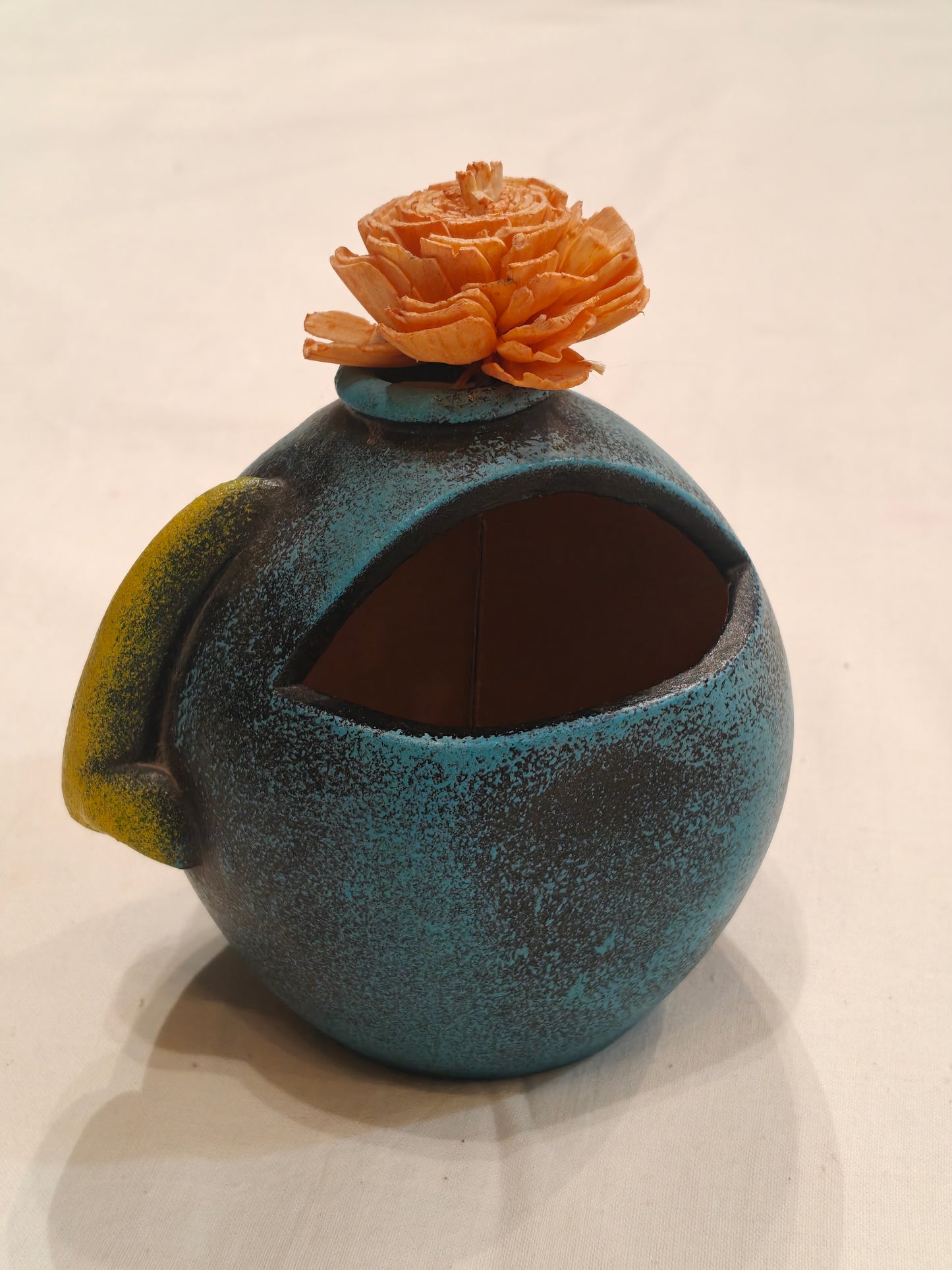 Blue and yellow Terracotta fun face flower vase / organizer