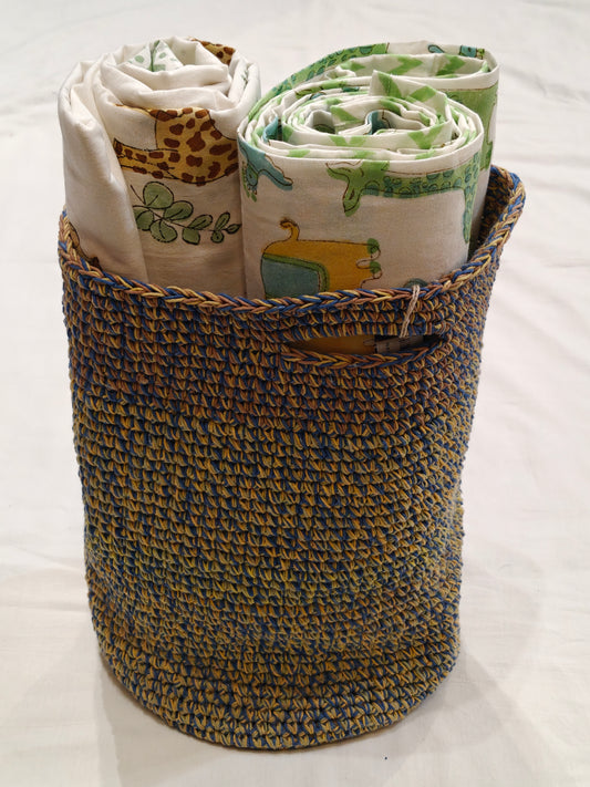 Crochet basket with a circular base metal ring and handle - handcrafted crochet