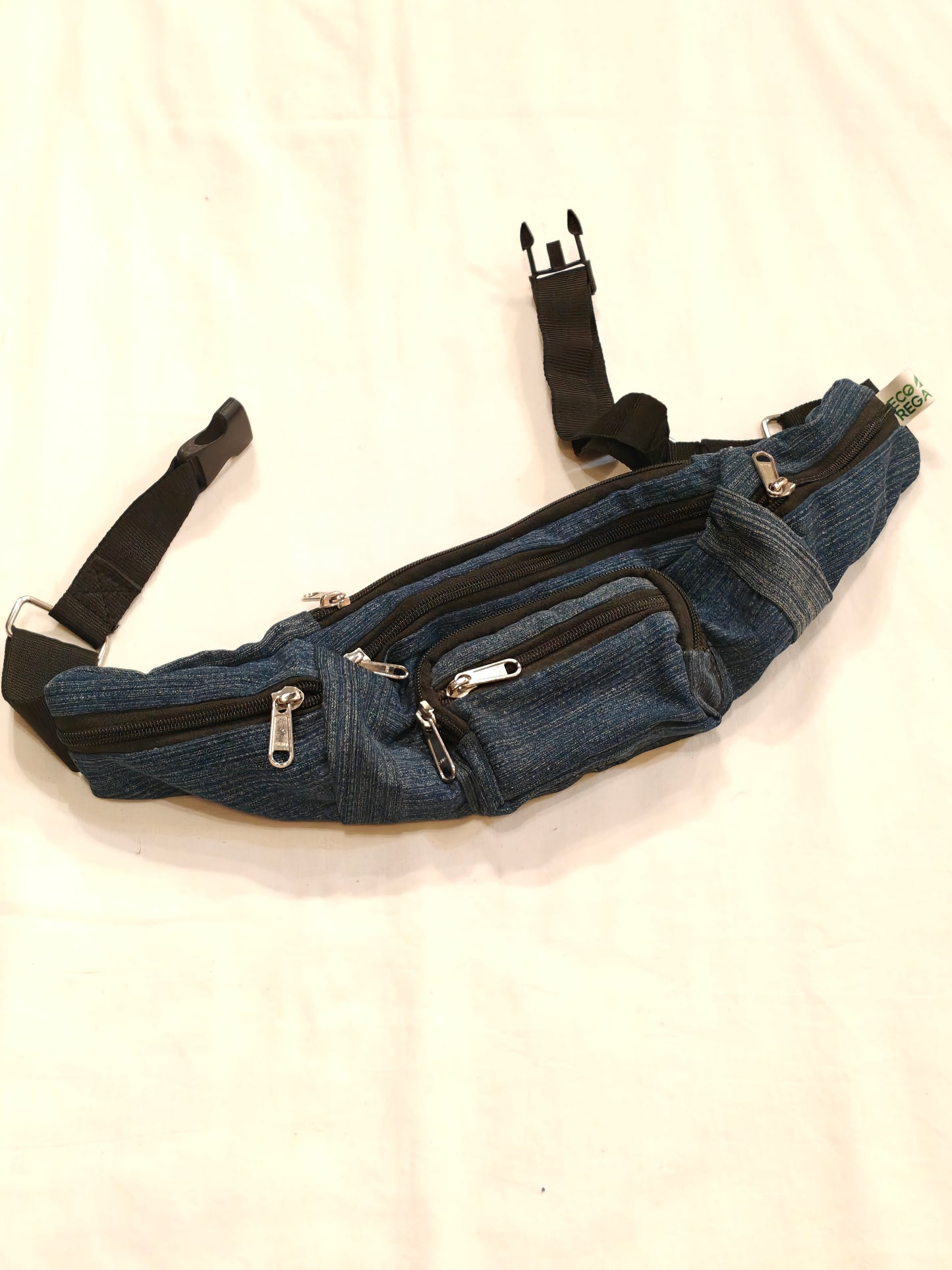 Denim waist pouch / fanny pouch with multiple zip compartments - perfect travel accessory