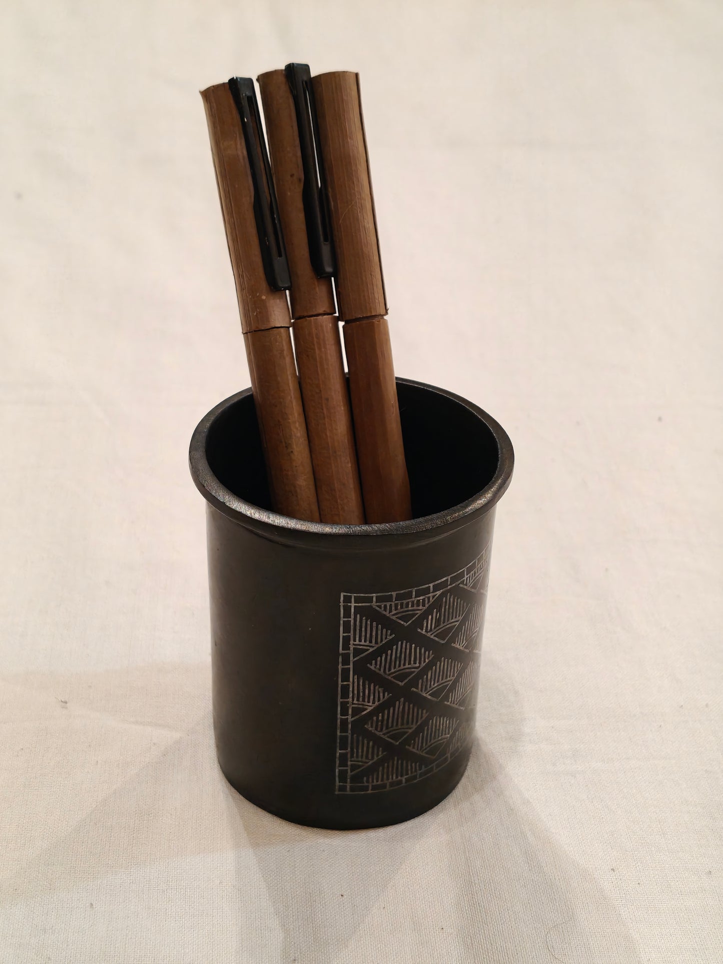 Black pen stand / organizer with silver bidri work