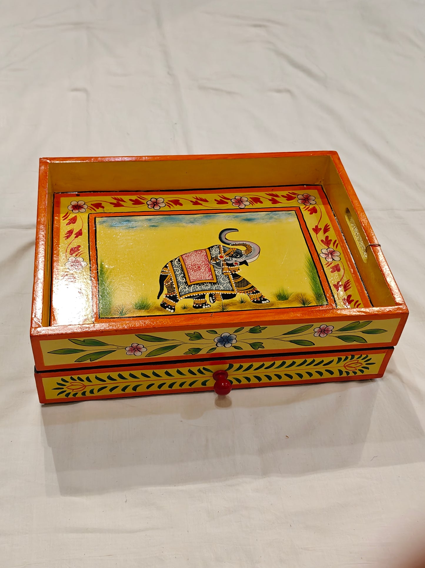 Yellow Elephant handpainted wooden jewellery box / organizer