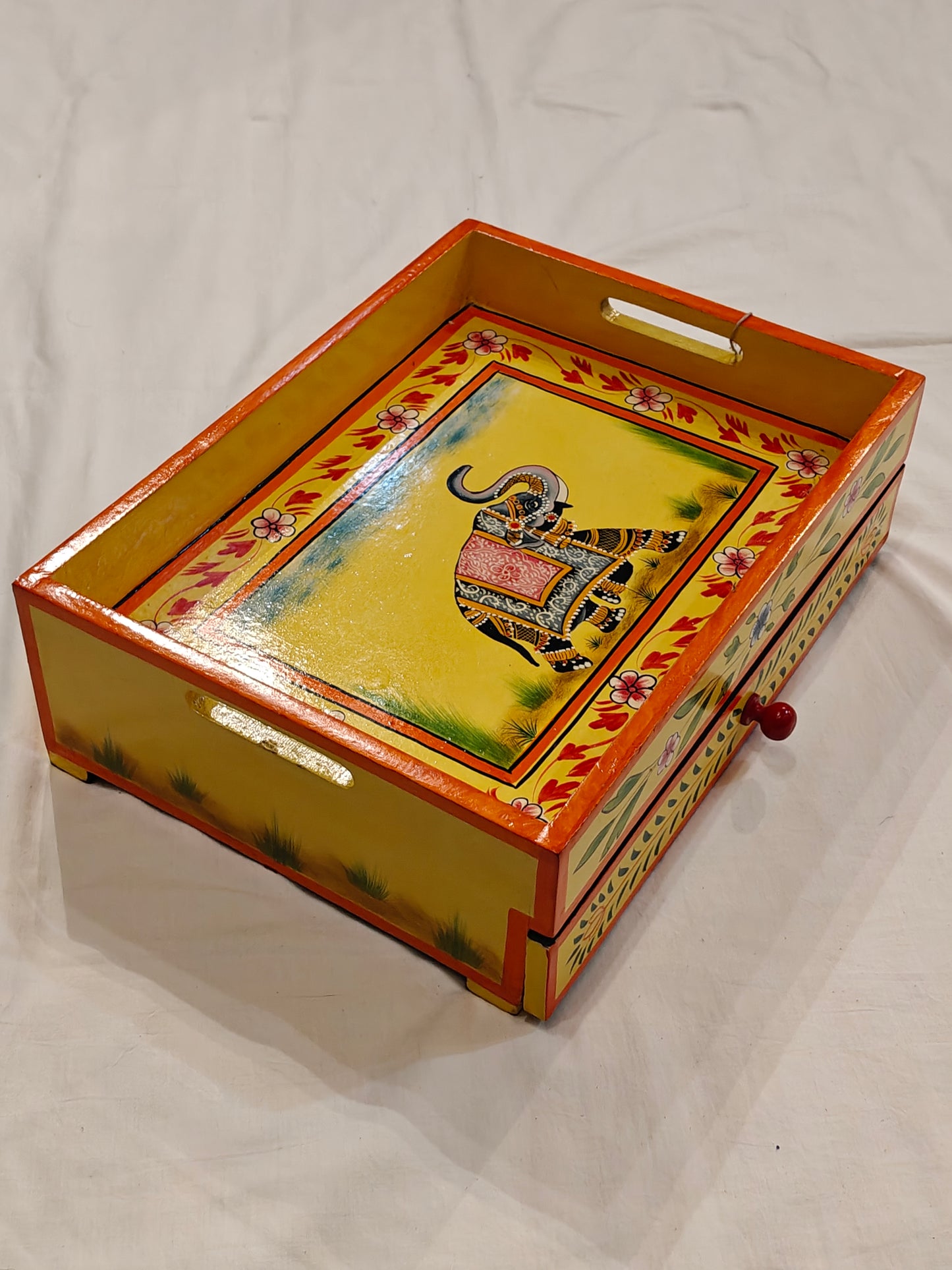 Yellow Elephant handpainted wooden jewellery box / organizer