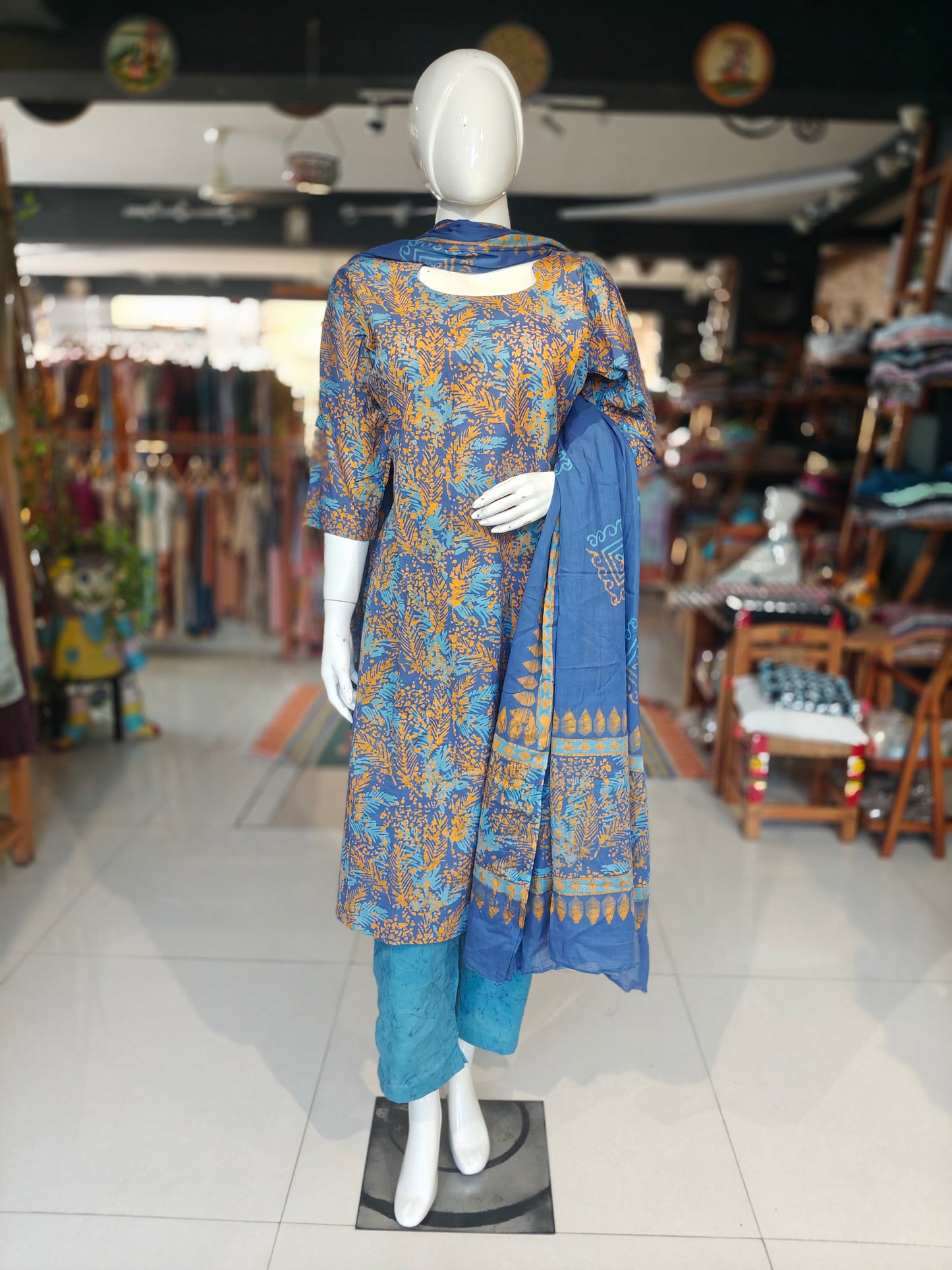 Blue and brown leaf pattern soft batik cotton straight kurta, dupatta and pants -  3 piece suit set
