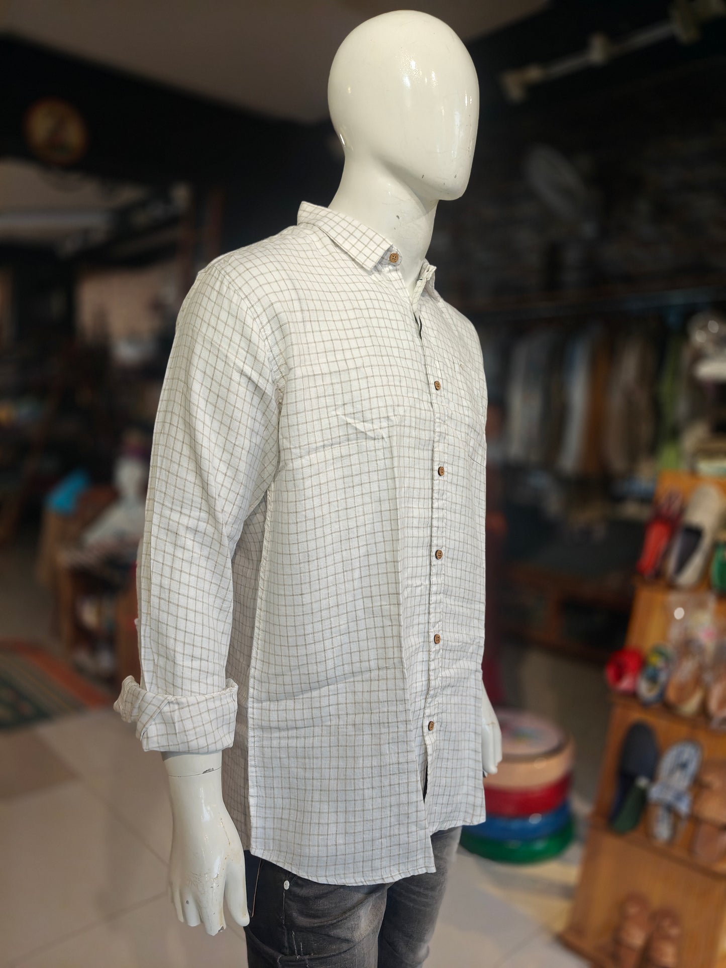 White with checks pattern hemp shirt for men