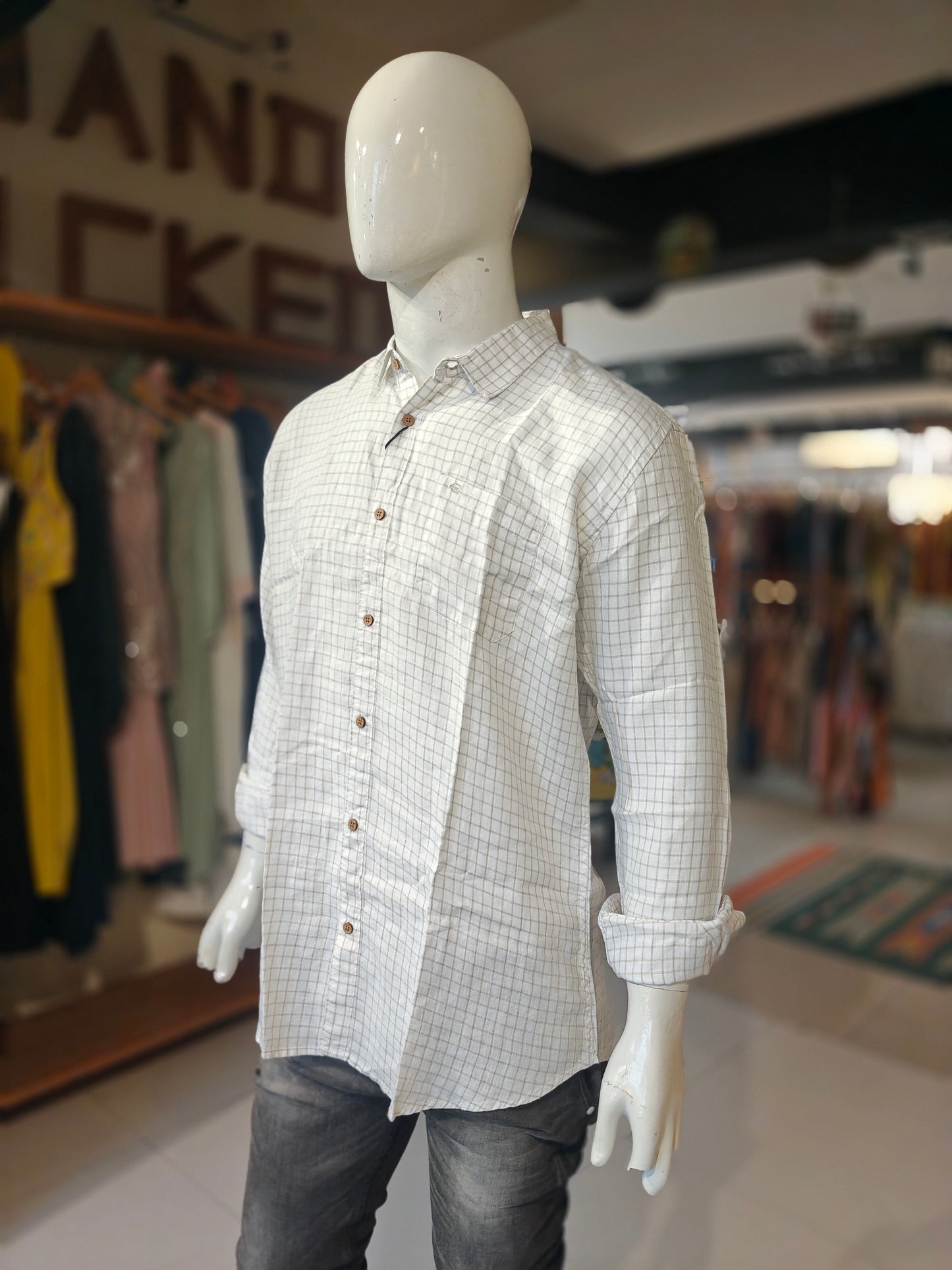 White with checks pattern hemp shirt for men