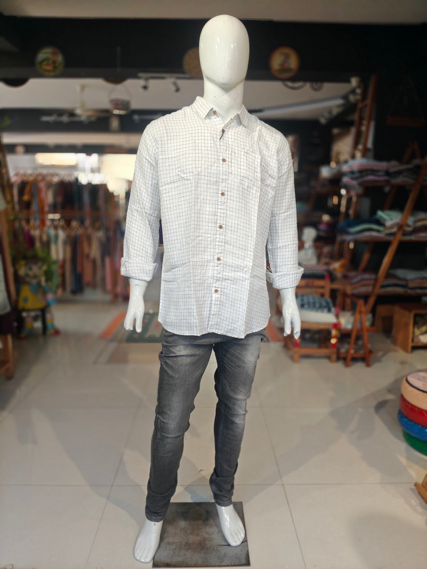 White with checks pattern hemp shirt for men