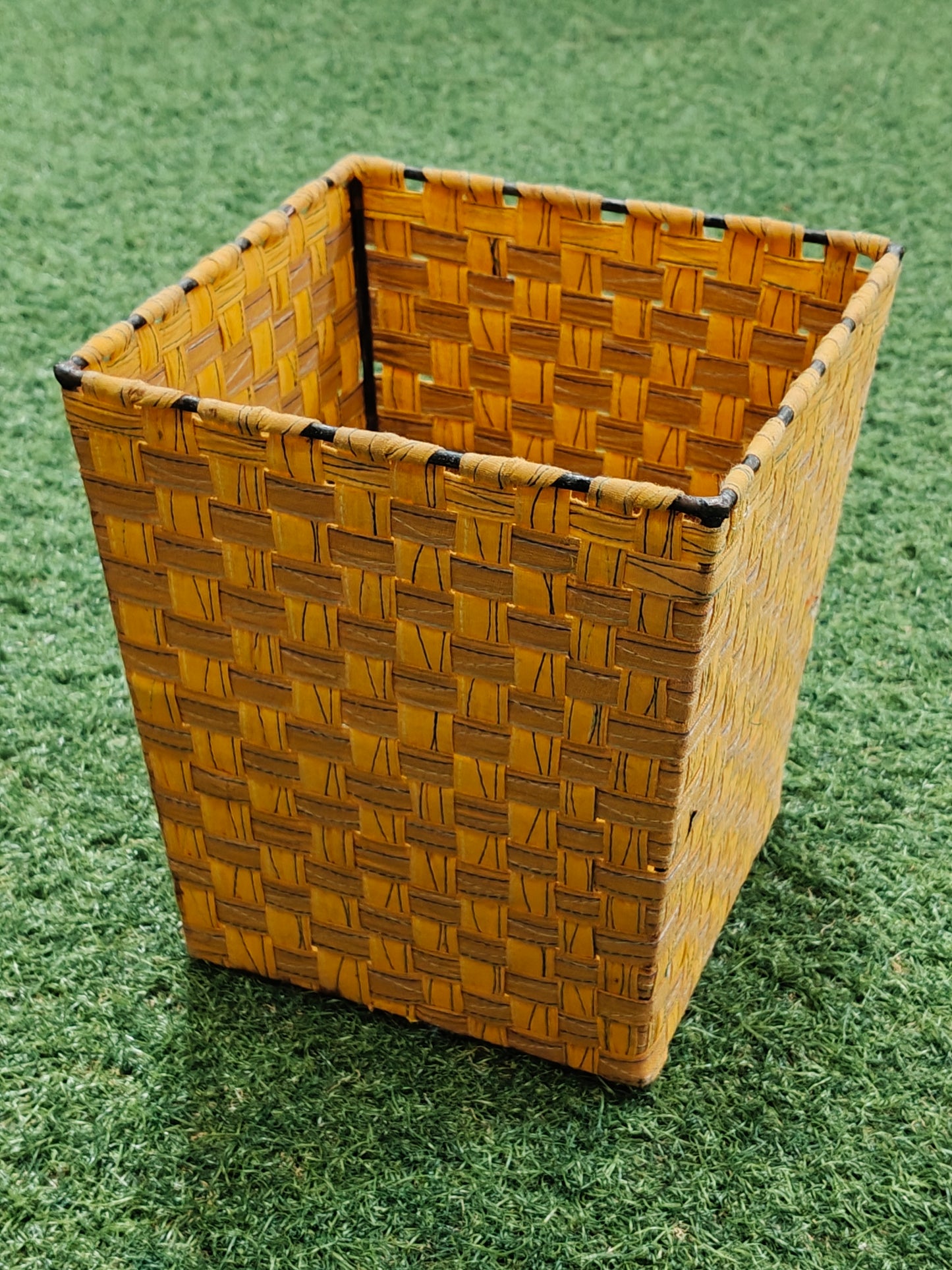 Yellow handwoven basket with metal frame -  handcrafted