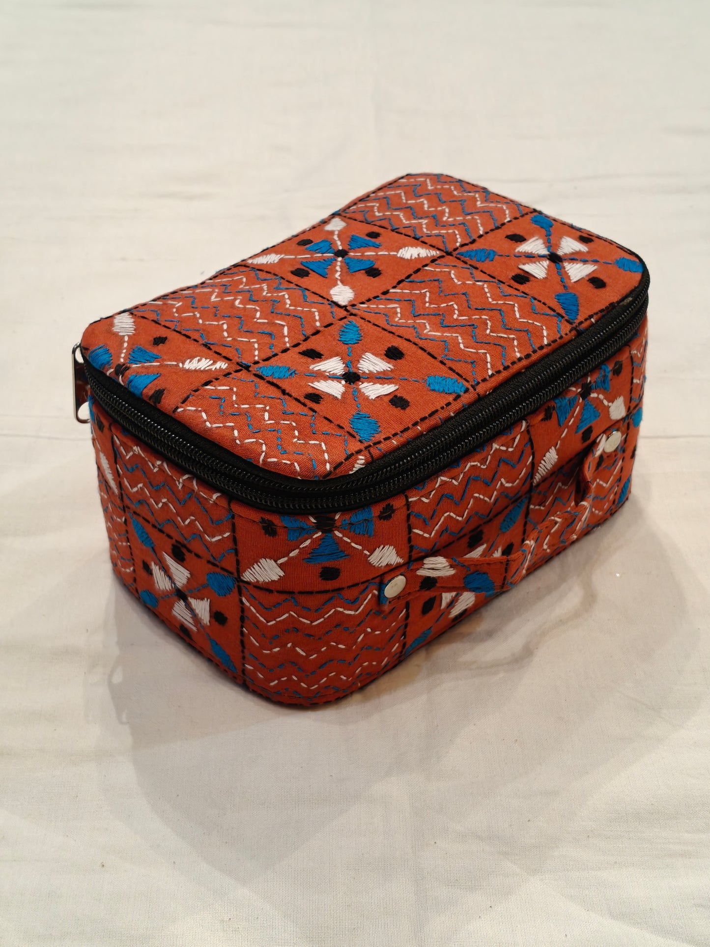 Kantha embroidered hand crafted jewellery / makeup box with handle and mirror inside - perfect for travel