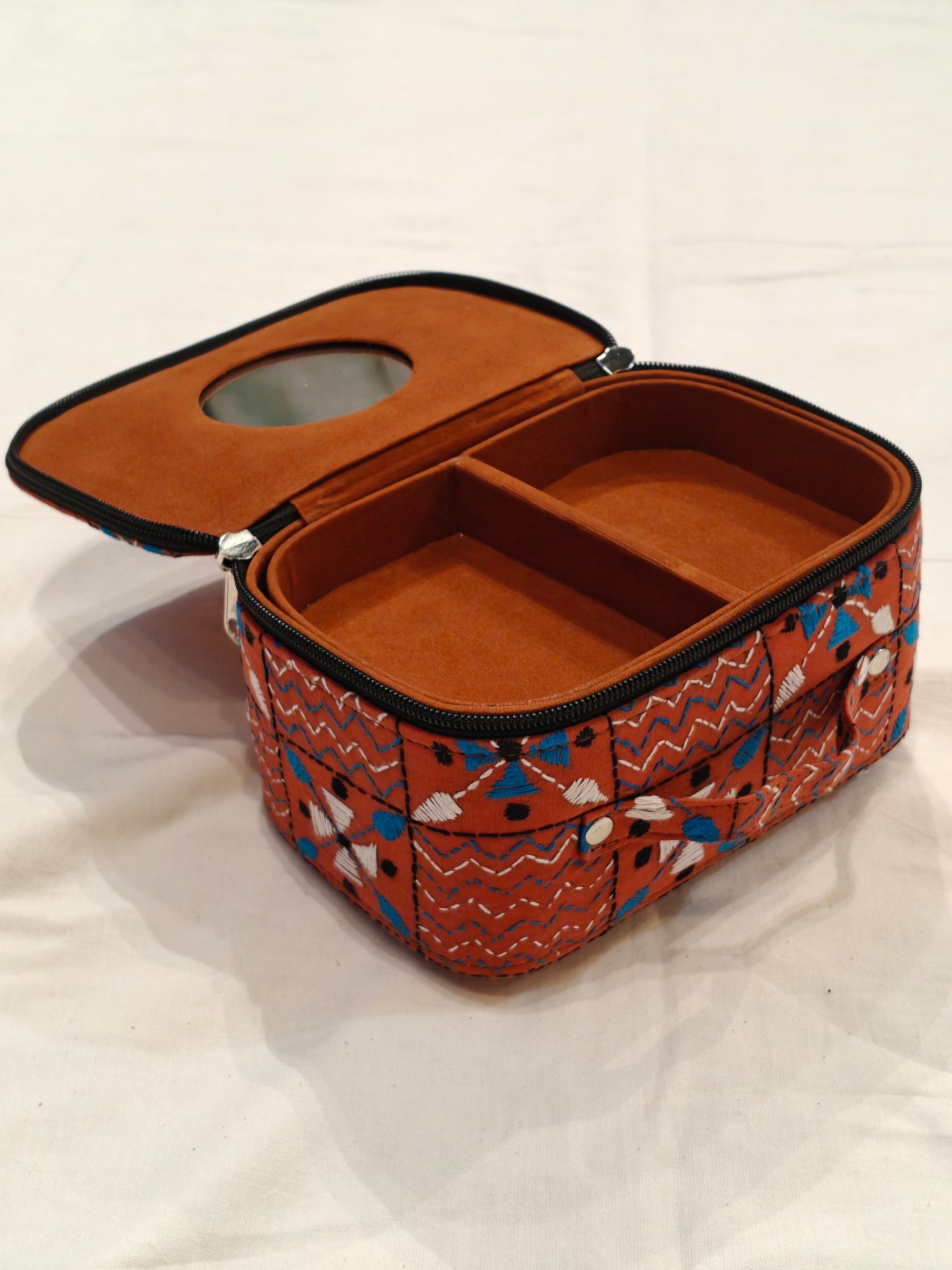 Kantha embroidered hand crafted jewellery / makeup box with handle and mirror inside - perfect for travel