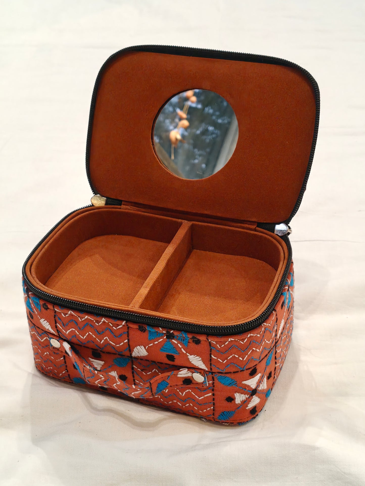 Kantha embroidered hand crafted jewellery / makeup box with handle and mirror inside - perfect for travel