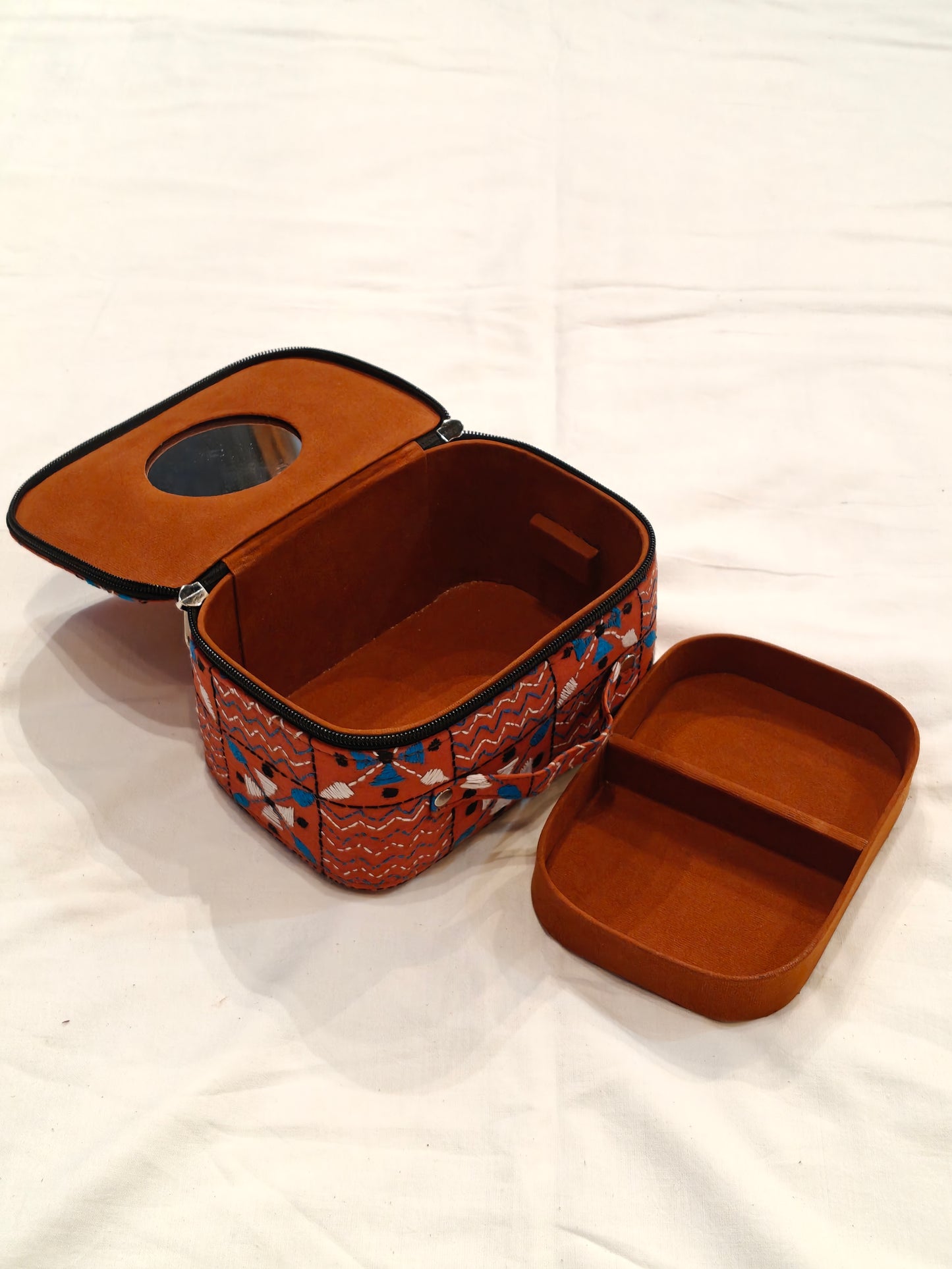 Kantha embroidered hand crafted jewellery / makeup box with handle and mirror inside - perfect for travel
