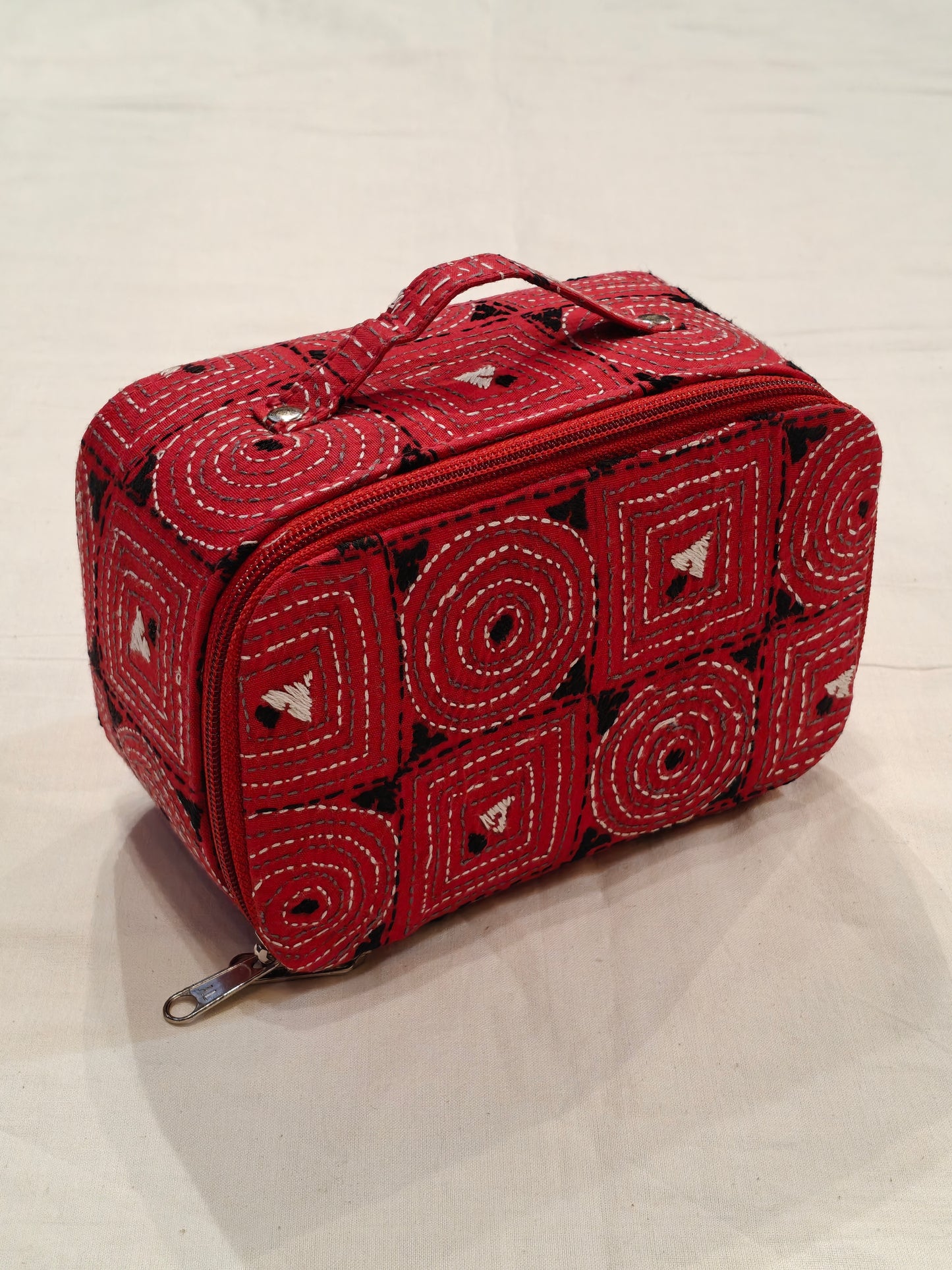 Kantha embroidered hand crafted jewellery / makeup box with handle and mirror inside - perfect for travel
