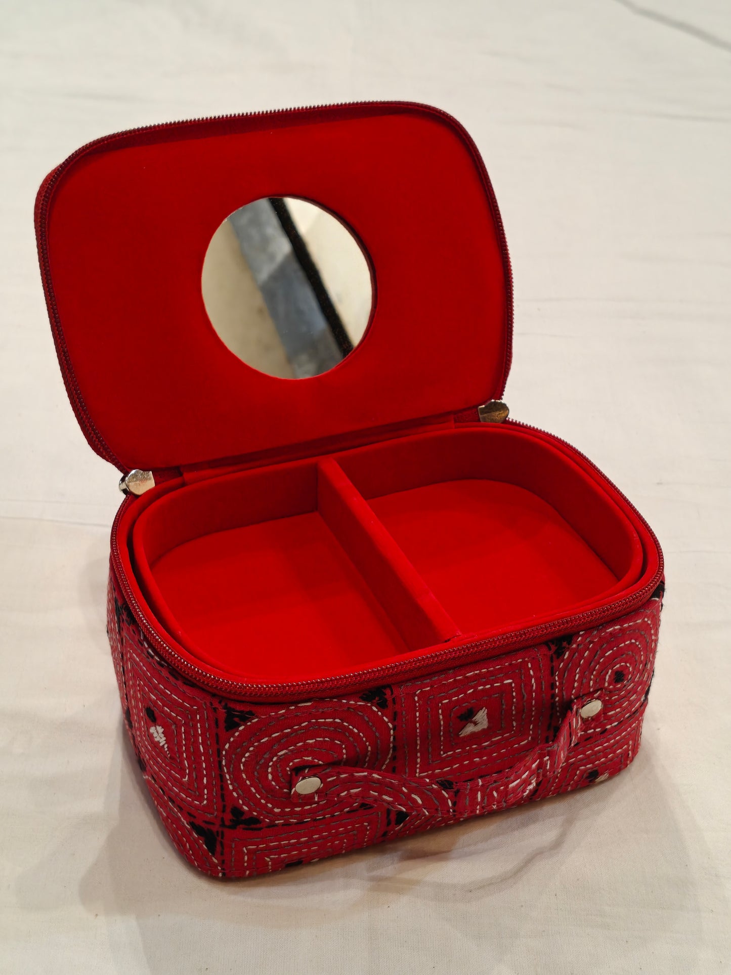Kantha embroidered hand crafted jewellery / makeup box with handle and mirror inside - perfect for travel