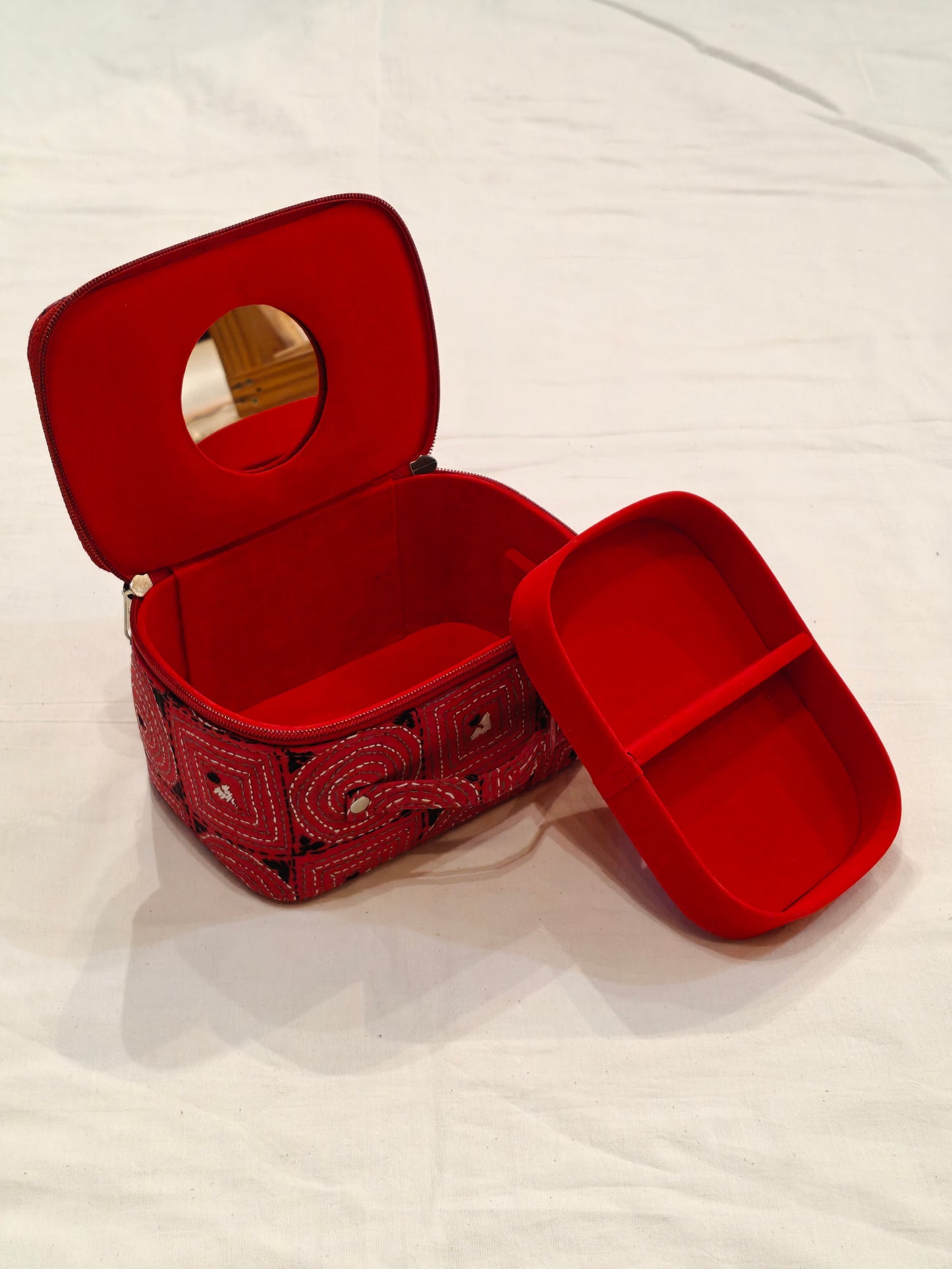 Kantha embroidered hand crafted jewellery / makeup box with handle and mirror inside - perfect for travel