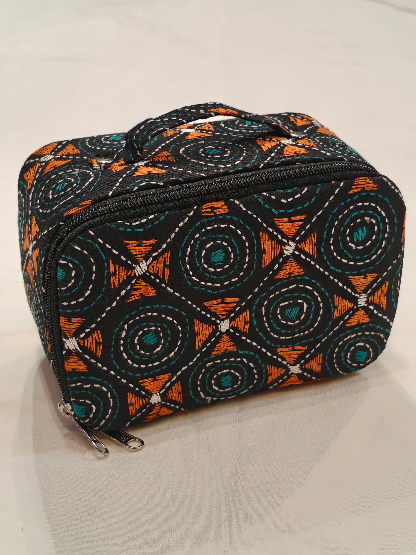 Kantha embroidered hand crafted jewellery / makeup box with handle and mirror inside - perfect for travel