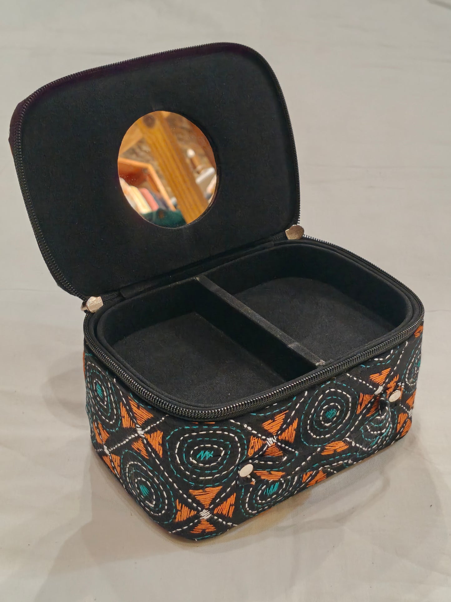 Kantha embroidered hand crafted jewellery / makeup box with handle and mirror inside - perfect for travel
